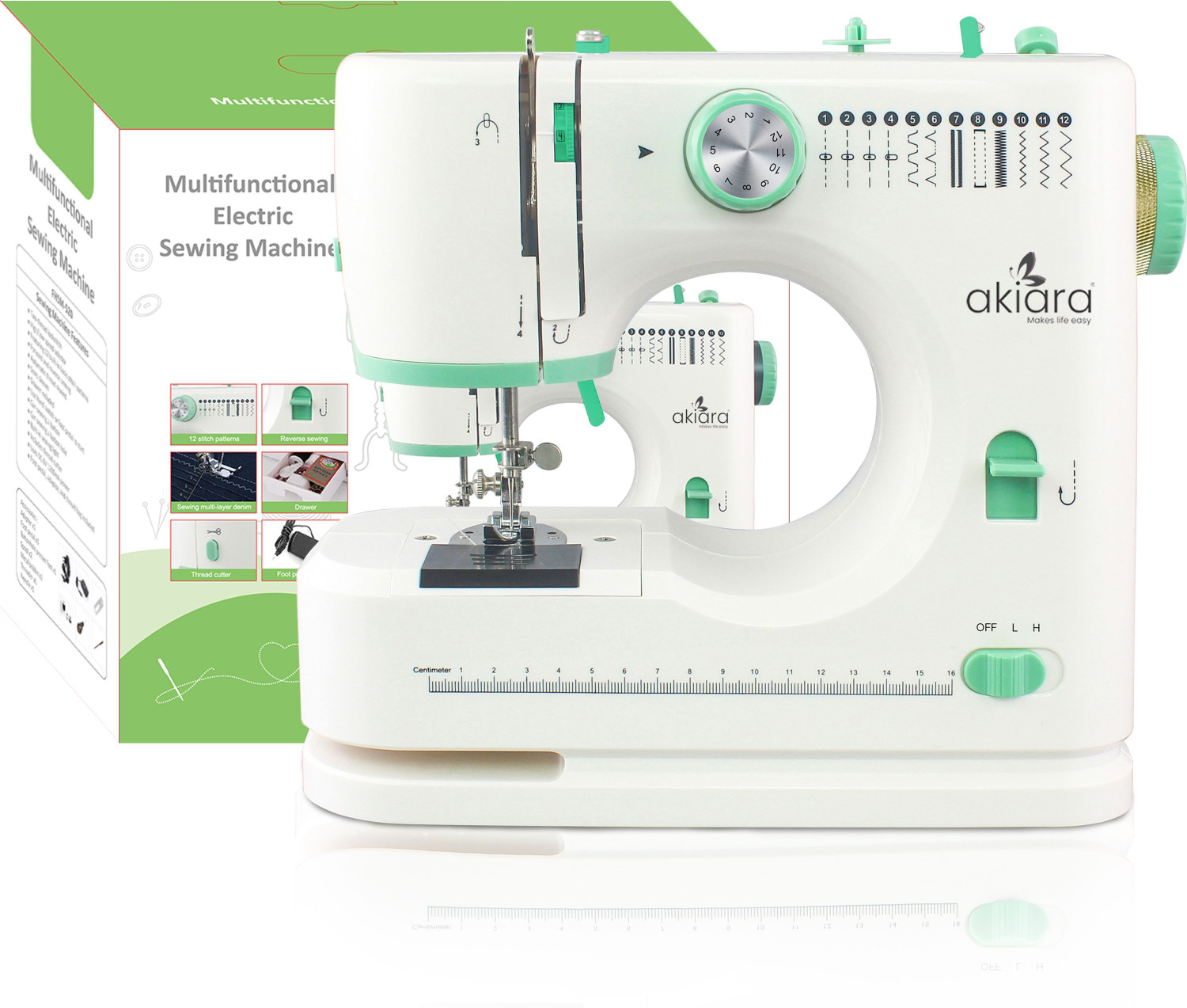 akiara 12 Stitch Patterns Sewing Machine Electric Sewing Machine 12 built-in stitches 300 SPM 24 Months Warranty White