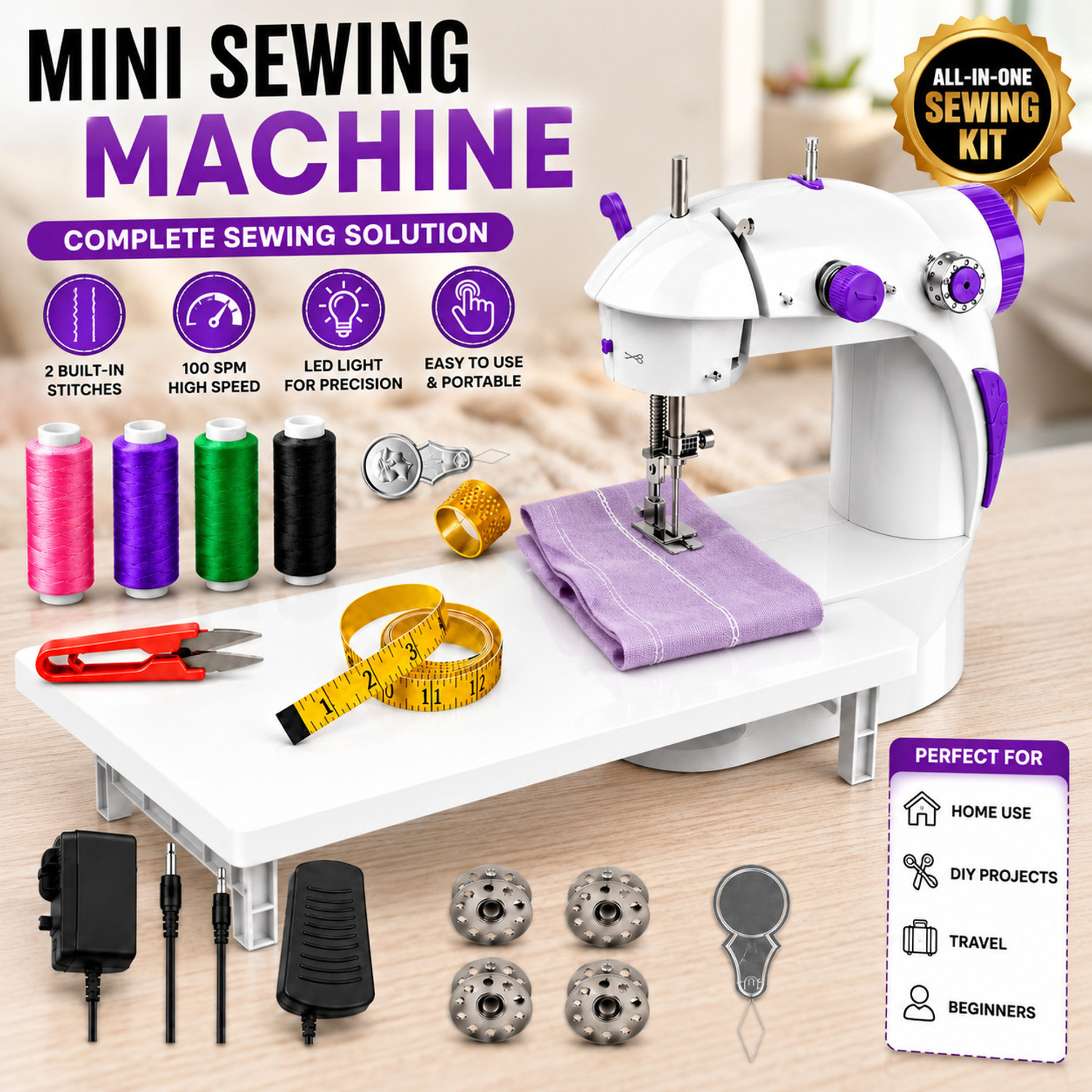 Image of JAXHOM mini sewing machine | swing sewing machine | stitching machine | silai table Electric Sewing Machine 2 built-in stitches 100 SPM blue sewing machine