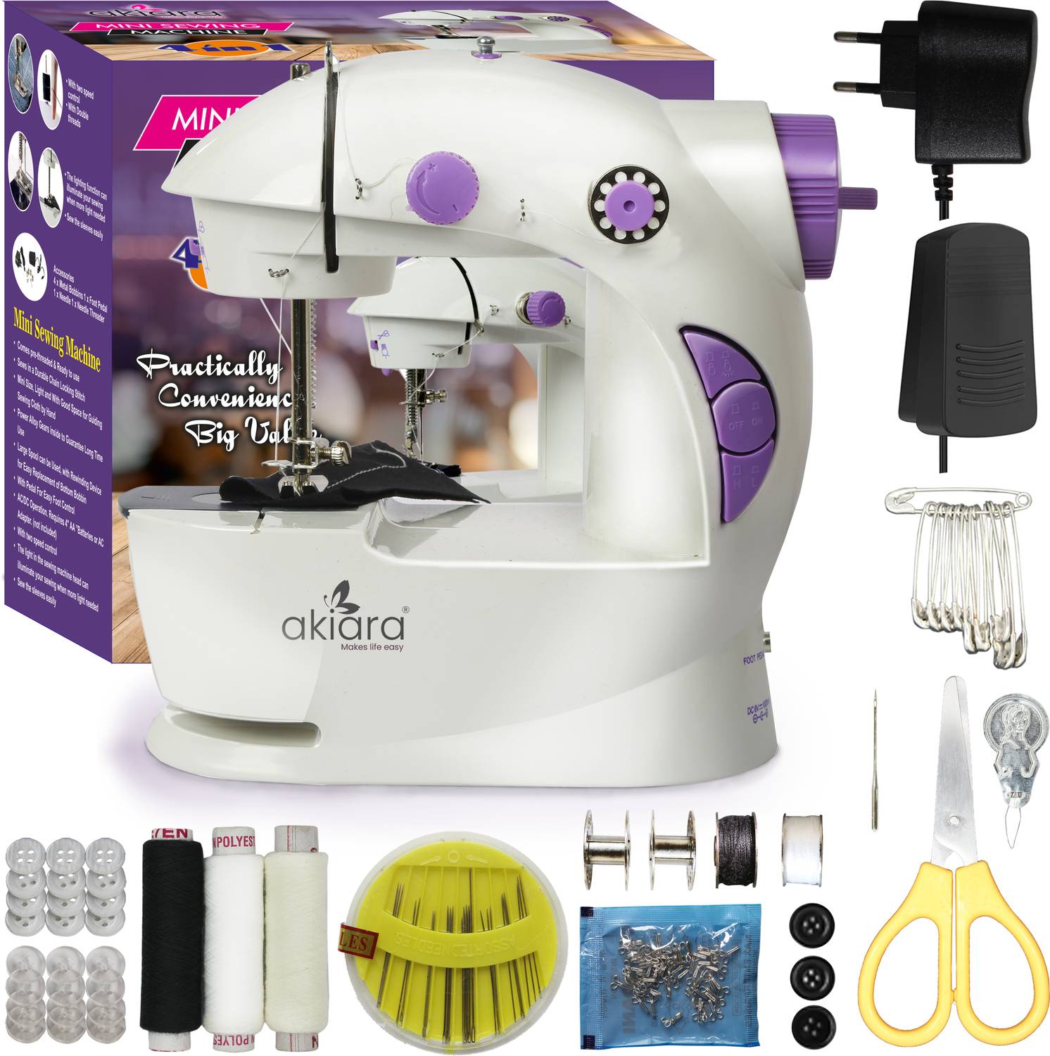 akiara Mini Electric Sewing Machine for Home Use With Sewing Kit Electric Sewing Machine 2 built-in stitches 300 SPM 12 Months Warranty White, Purple