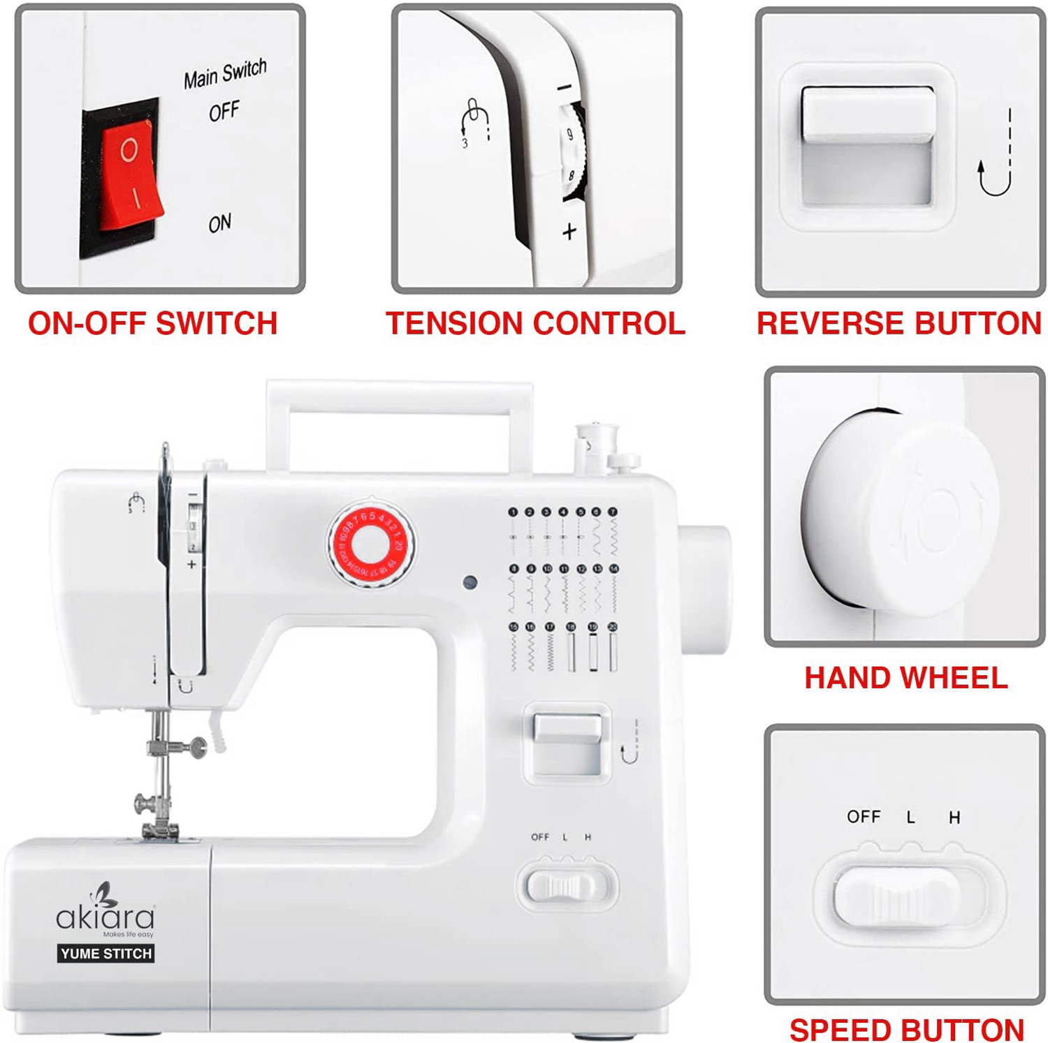 Image of akiara Yume Stitch Electric Sewing Machine 20 built-in stitches 600 SPM 1 Year Warranty White