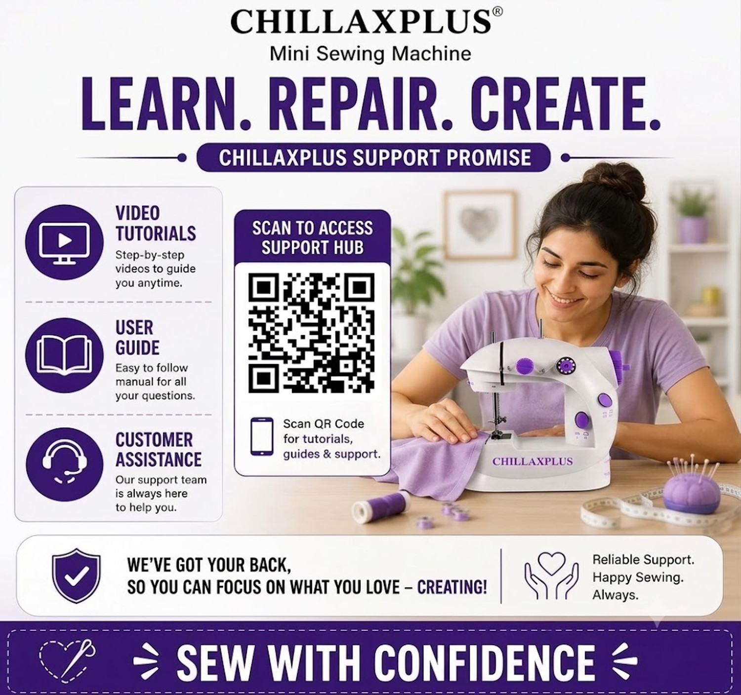 Image of CHILLAXPLUS Mini Sewing Machine for Home Tailoring Electric Sewing Machine 1 built-in stitches 121 SPM 6 Months Warranty White, Purple