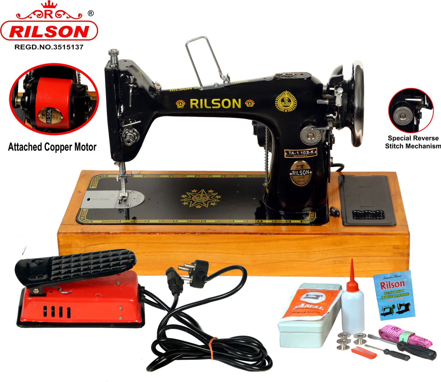 Image of Rilson MOTARIZED UMBRELLA /TA-1 MODEL SEWING MACHINE WITH WOODEN BASE AND REGULATOR Electric Sewing Machine 0 built-in stitches 1600 SPM Black