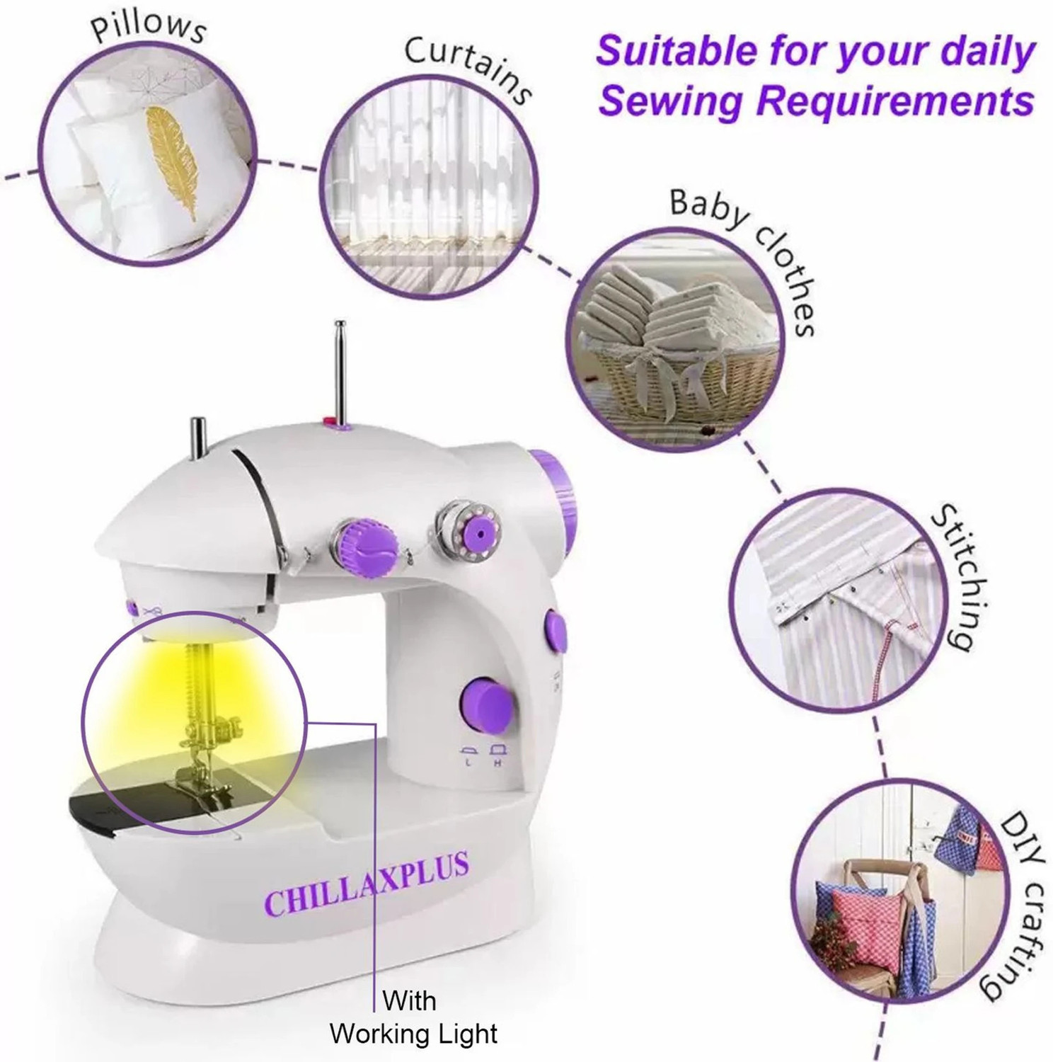 Image of CHILLAXPLUS Silai Machine for Home Tailoring with Table and 82 pcs Sewing Kit Electric Sewing Machine 1 built-in stitches 101 SPM 6 Months Warranty White