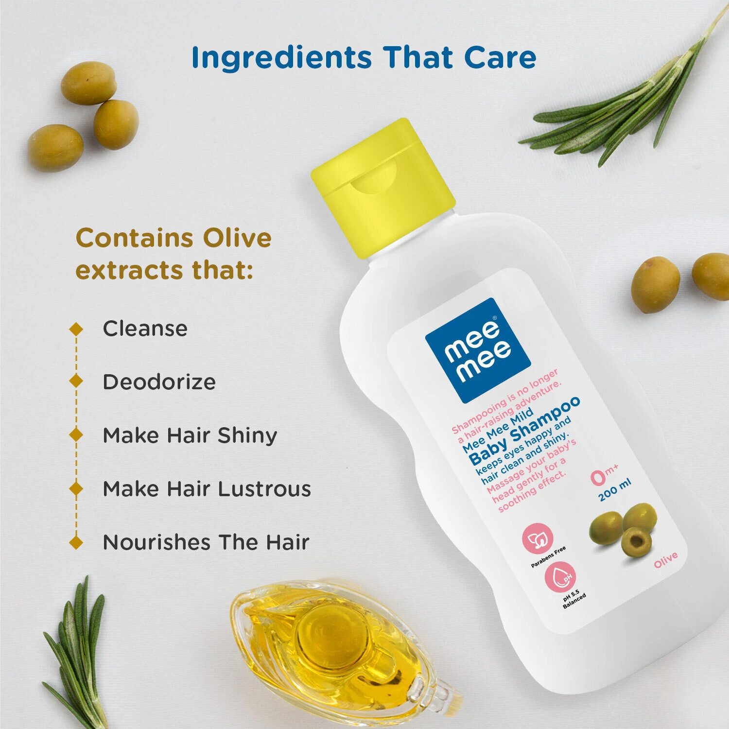 Image of MeeMee Baby Shampoo Olive Extracts, Dermatologist Tested, Hypoallergenic, Tear Free