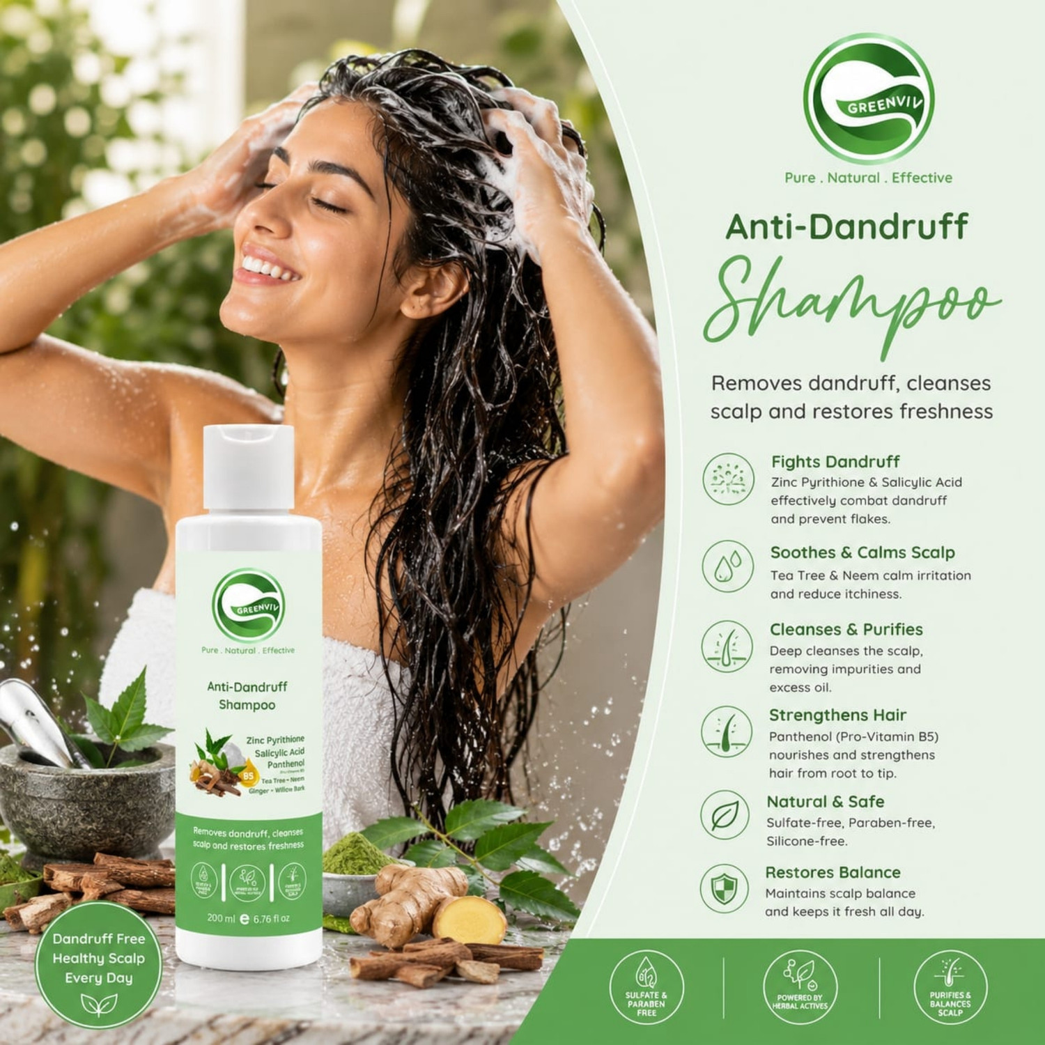 Image of Greenviv Anti Dandruff Shampoo for Itchy Scalp & Flake Control with Zinc Pyrithione