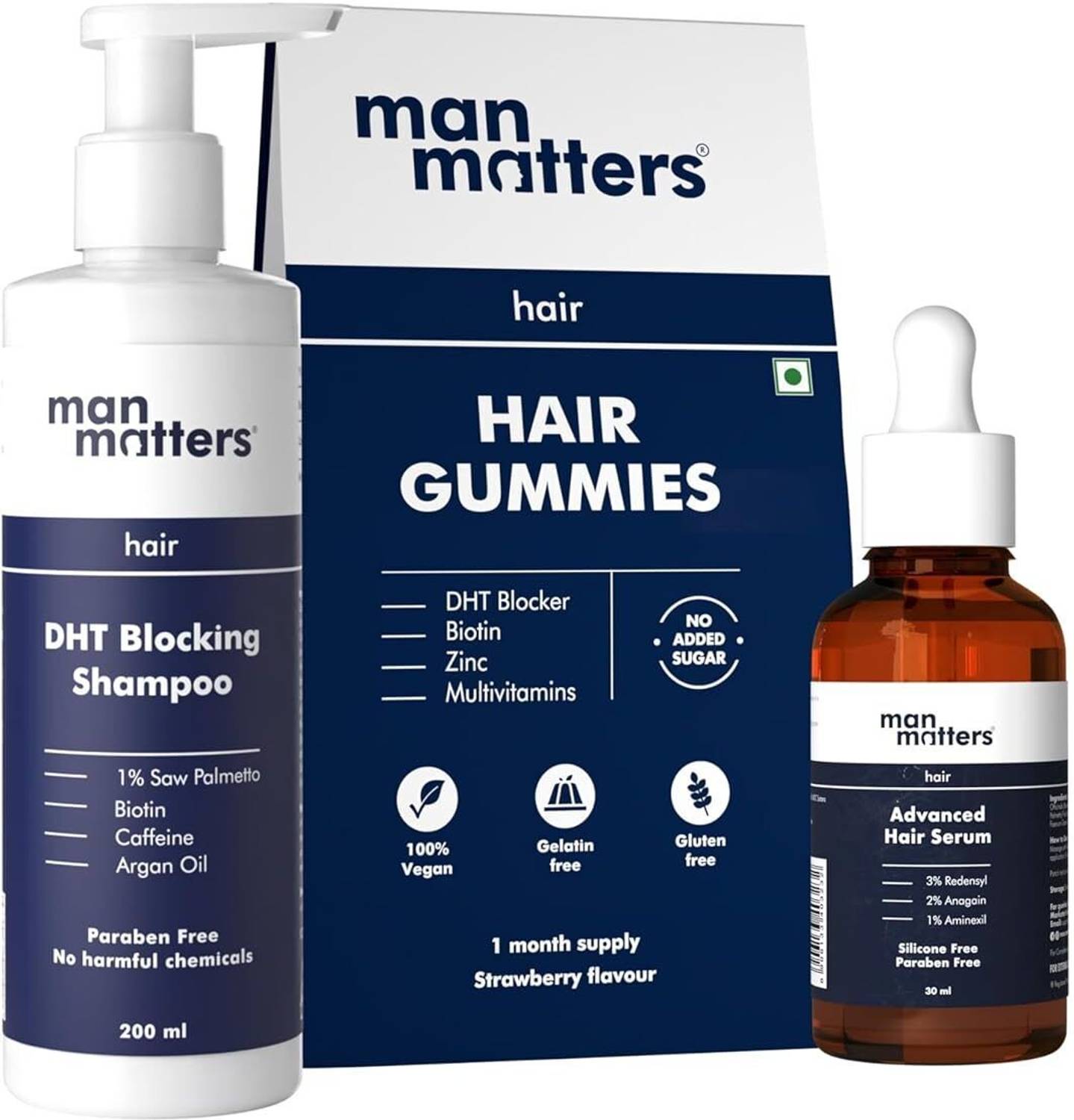 Man Matters Anti Hair Fall Shampoo 300ml, Biotin Gummies 30N, Serum