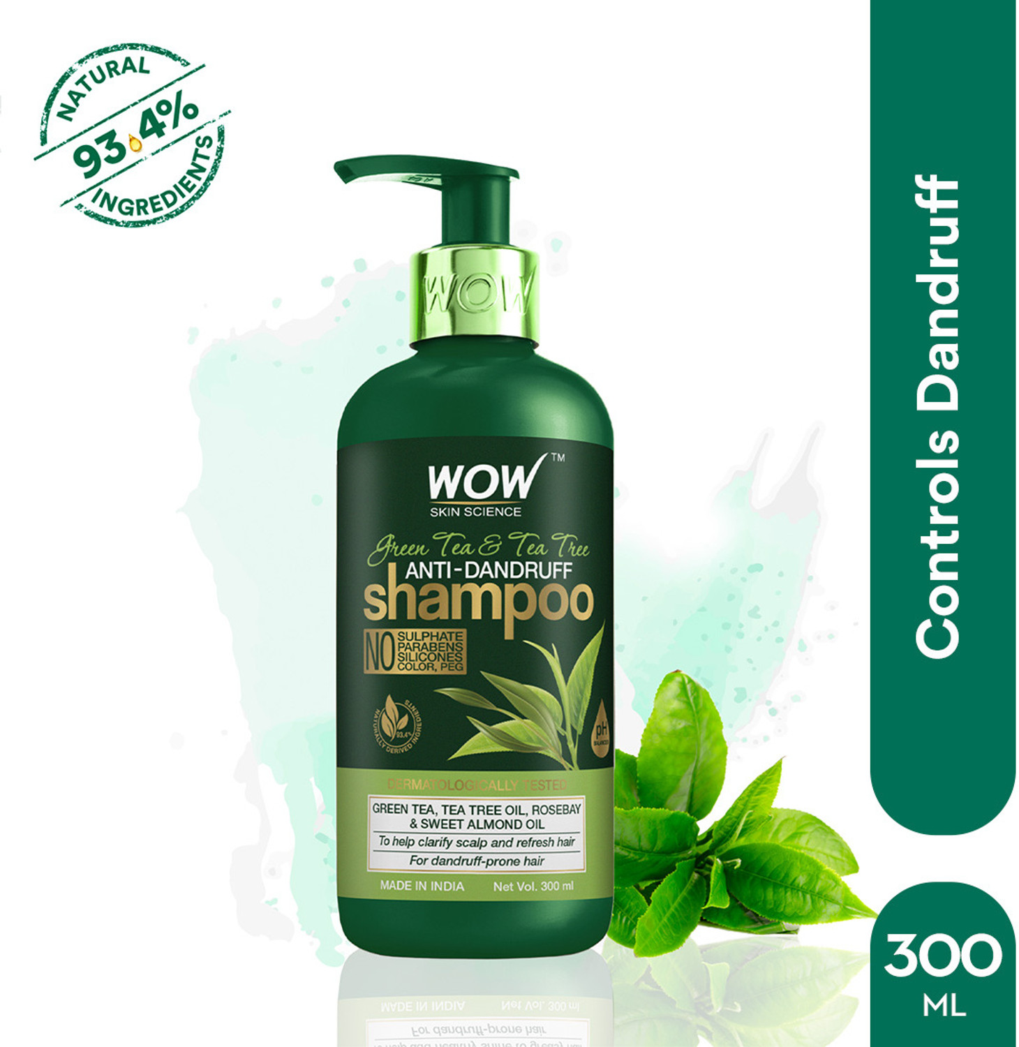 Image of WOW SKIN SCIENCE Green Tea & Tea Tree Anti-Dandruff Shampoo - NO Sulphates, Parabens, Silicones, Color & PEG - 300mL