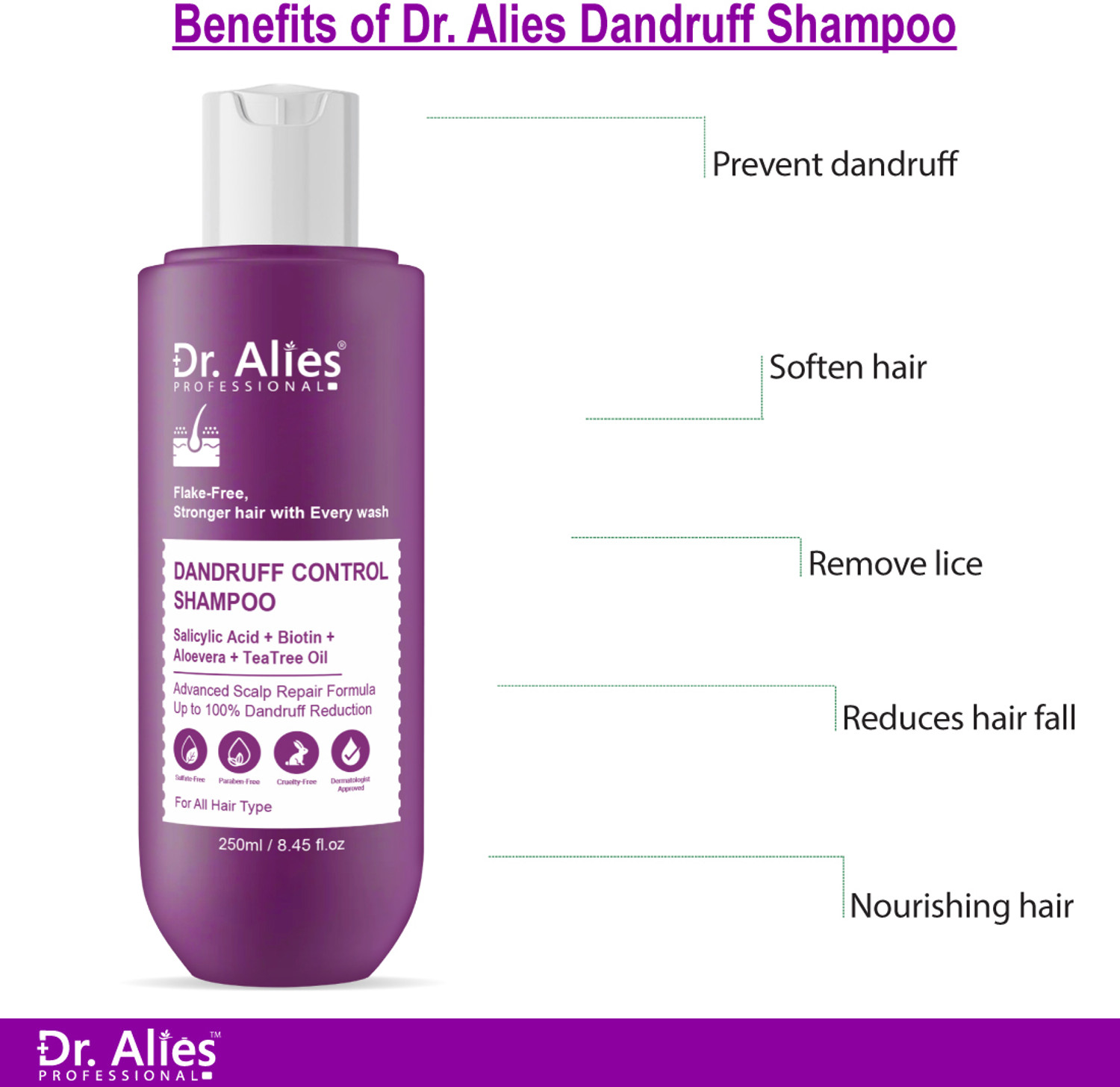 Image of Dr. Alies Professional Anti-Dandruff Shampoo - Upto 100% Dandruff Reduction with Salicylic Acid, Biotin