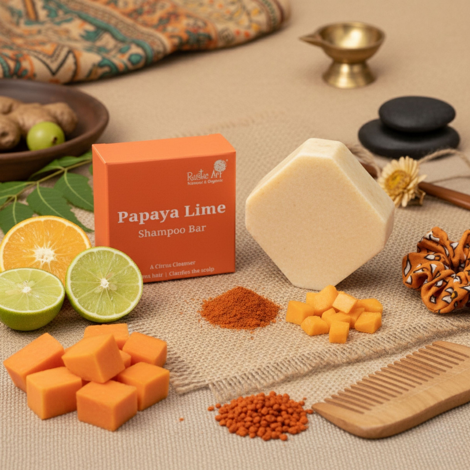 Image of RUSTIC ART Papaya Lime Hair Cleansing Bar 75 g (Shampoo Bar) (75 g)