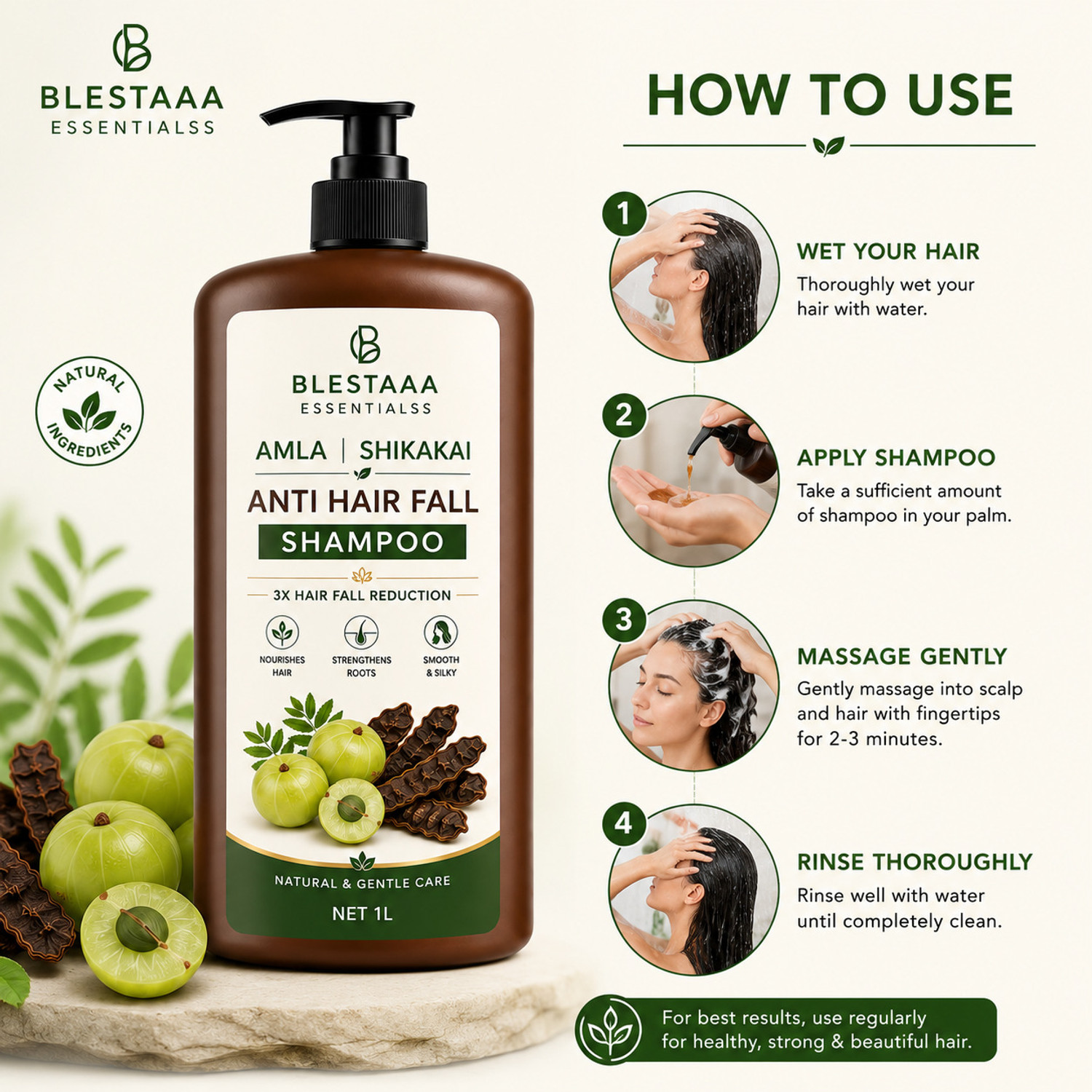 Image of blestaaa essentialss Amla Shikakai Anti Hair Fall Shampoo for Scalp Nourishment and Breakage Care