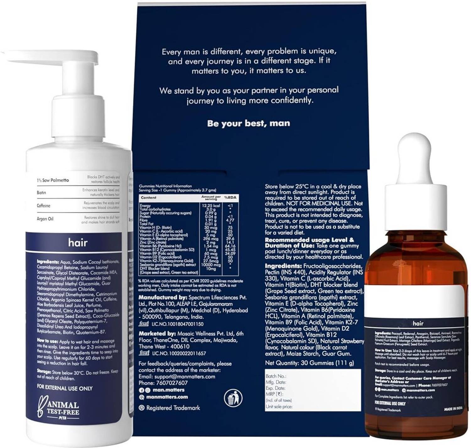 Man Matters Anti Hair Fall Shampoo 300ml, Biotin Gummies 30N, Serum - Image 2