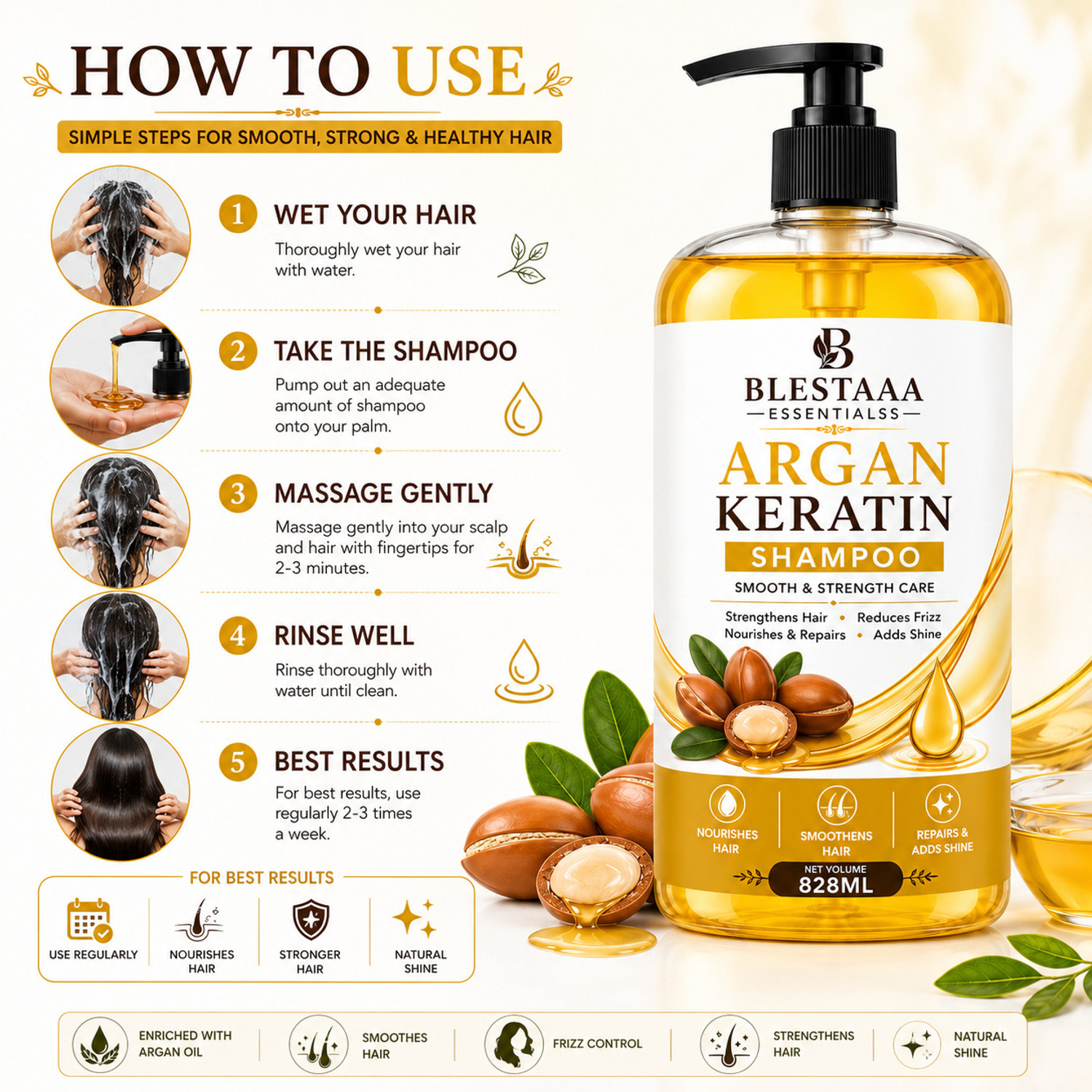 Image of blestaaa essentialss Argan Keratin Hair Fall Shampoo | Strengthens Hair & Reduces Hair Breakage (828 ml)
