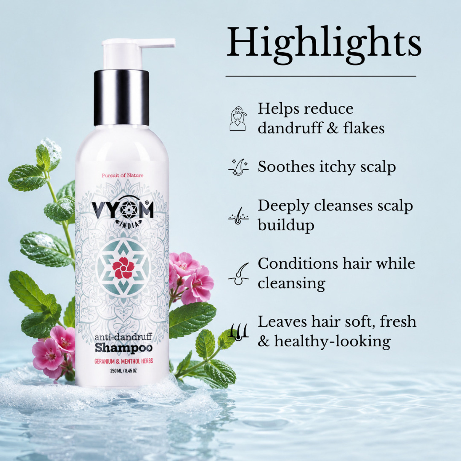 Image of VYOM INDIA Geranium Anti-Dandruff|2 in 1 Conditioner Shampoo|Purely Organic & Plant Based