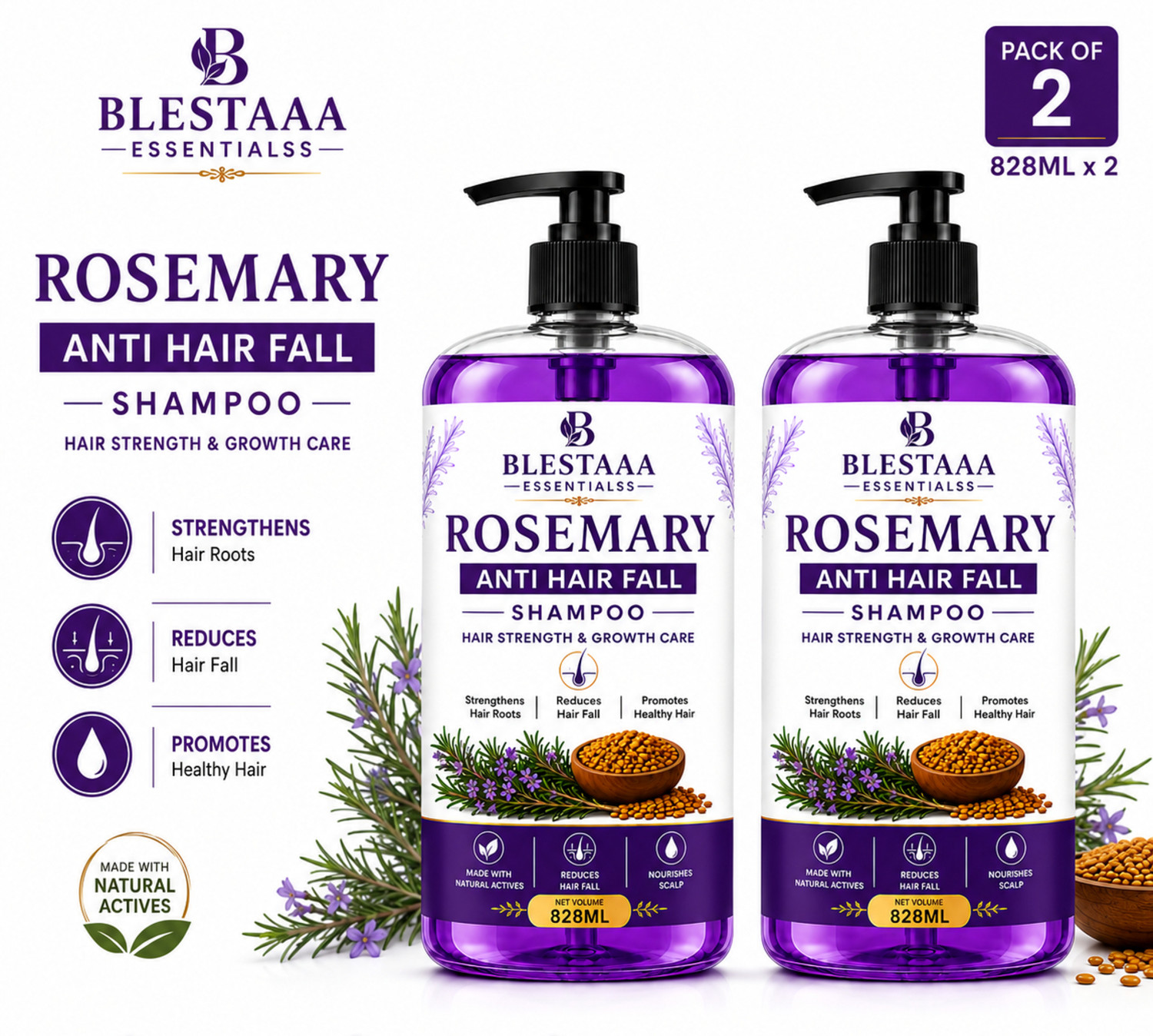 Image of blestaaa essentialss Rosemary Anti Hair Fall Shampoo with Botanical Care for Stronger-Looking Roots