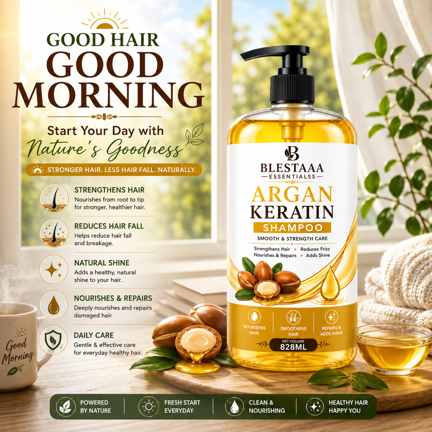 Image of blestaaa essentialss Argan Keratin Hair Fall Shampoo | Strengthens Hair & Reduces Hair Breakage (828 ml)