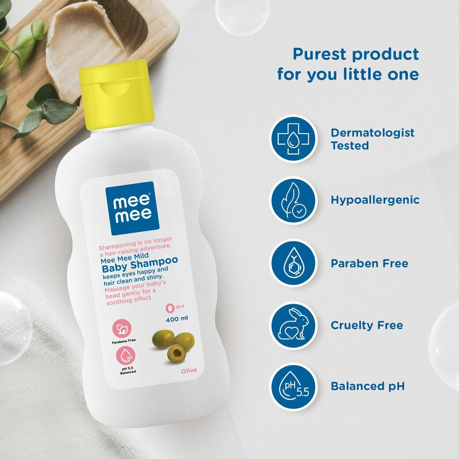 Image of MeeMee Baby Shampoo Olive Extracts, Dermatologist Tested, Hypoallergenic, Tear Free