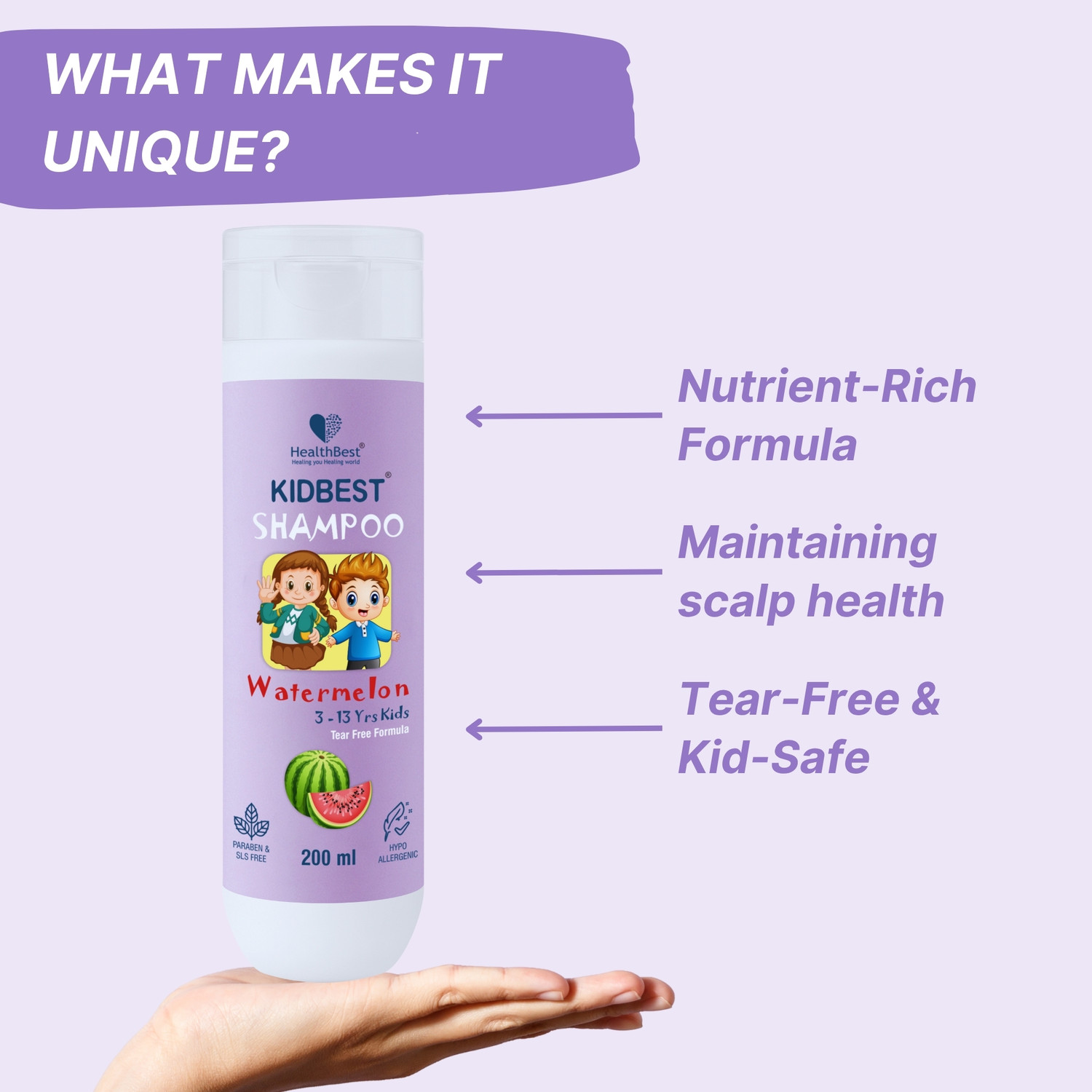 Image of HealthBest Hair Shampoo for Kids | Dry & Damaged to Normal Hair | Tear, Paraben, SLS free