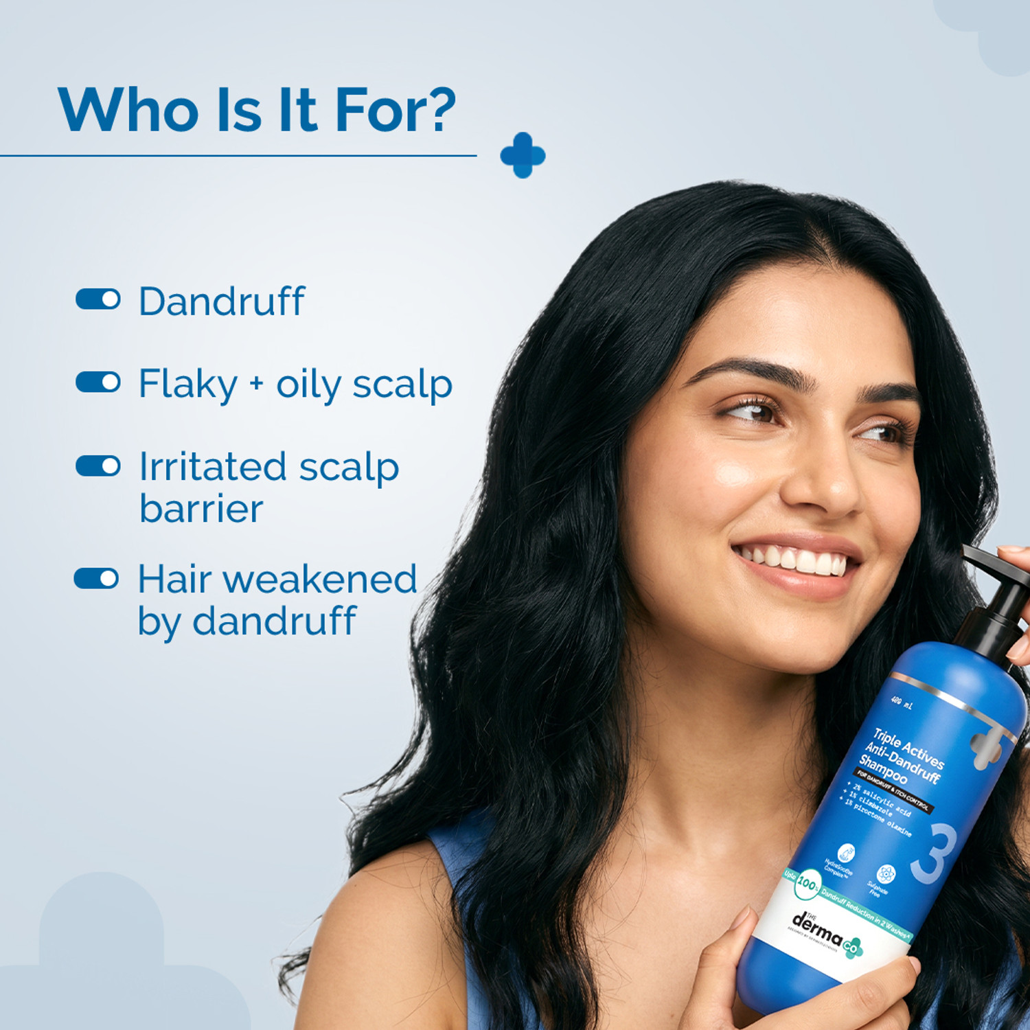 Image of The Derma Co Triple Actives Anti-Dandruff Shampoo Power of 3 Actives | Kills 99%* Dandruff