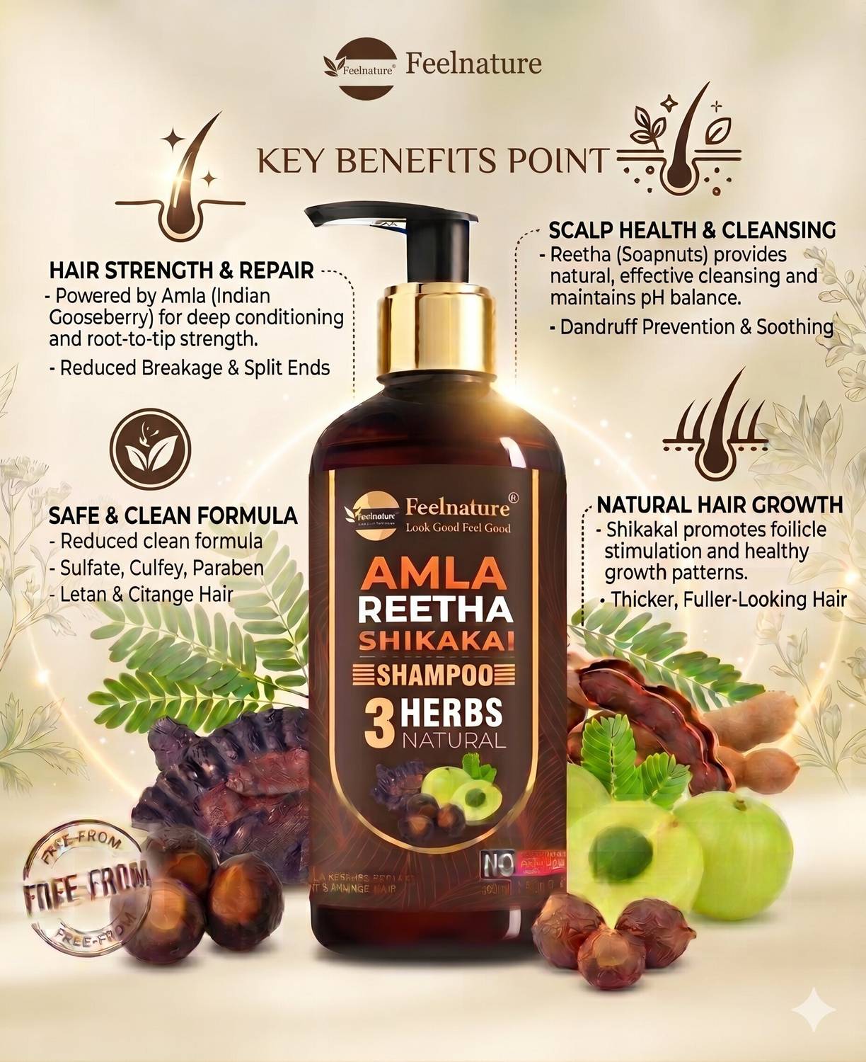 FeelNature Hair Growth Shampoo with Amla, Reetha, Shikakai - Image 2