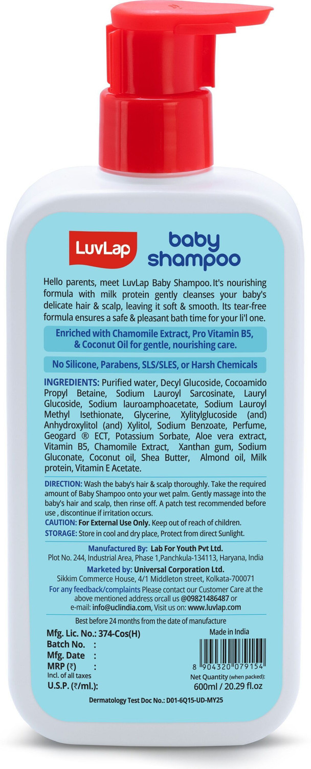Image of LuvLap Milky Soft Baby Shampoo - 600ml, Tear Free Formula, With Milk Protein, Vitamin E