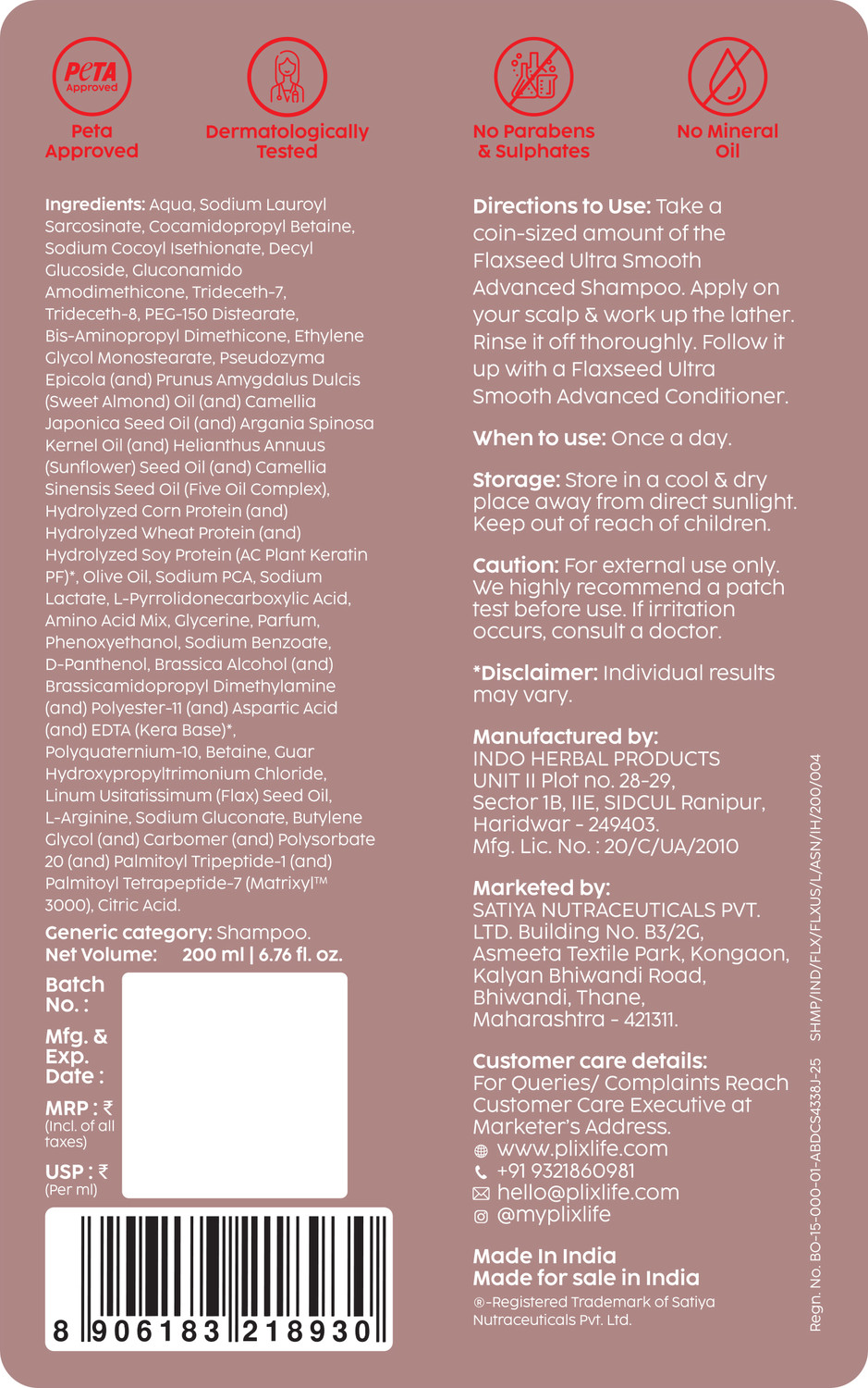 Image of The Plant Fix Plix Flaxseed Ultrasmooth Advanced Shampoo | For Smooth & Shiny Hair