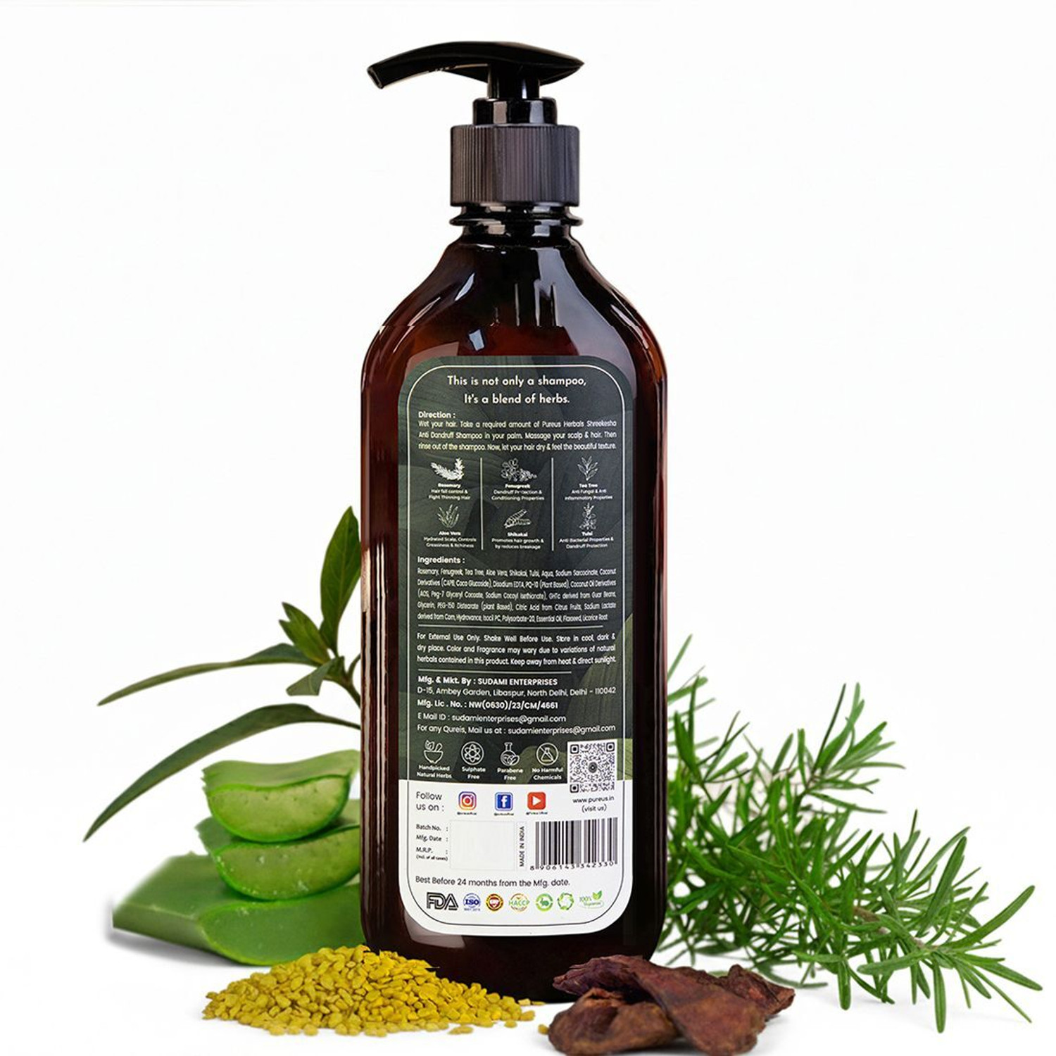 Image of Pureus Herbals Shreekesha Anti Dandruff Shampoo - Natural Hair Growth - Sulfate & Paraben Free