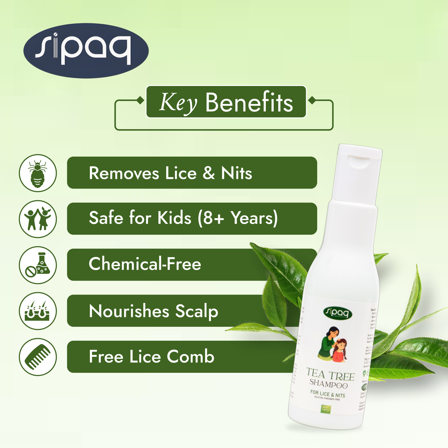 Image of SIPAQ 100% Natural Tea Tree Shampoo Anti Lice and Nits Shampoo with Free Lice Comb