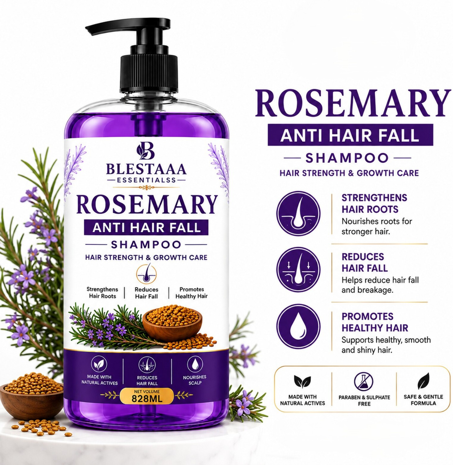 Image of blestaaa essentialss Rosemary Hair Fall Shampoo | Controls Hair Fall & Promotes Strong Hair