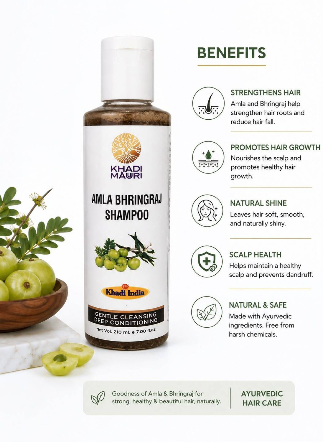Image of Khadi Mauri Herbal Amla Bhringraj Shampoo | Anti Hairfall Cleanser & Boosts Hair Repair
