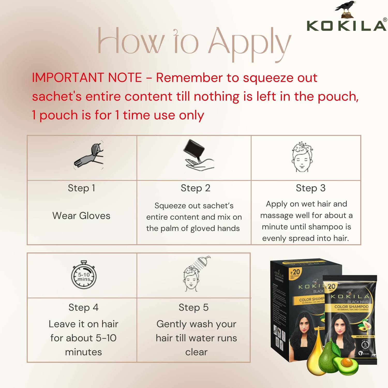 KOKILA Instant Ammonia Free Hair Color Shampoo, Black, 15 - Image 2