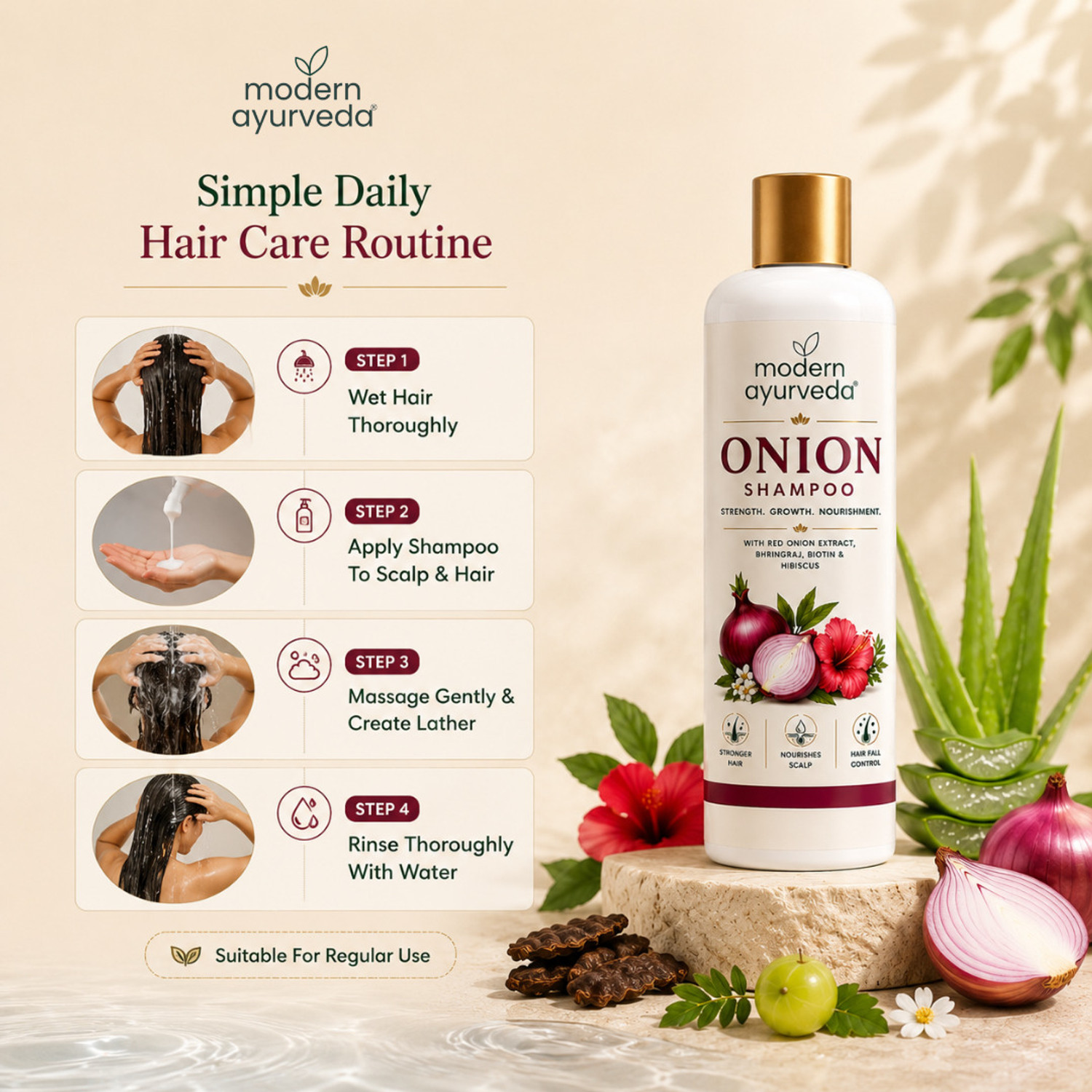 Image of MODERN AYURVEDA Shampoo for Hair Growth & Hair Fall Control, with Onion Extract, & Plant Keratin