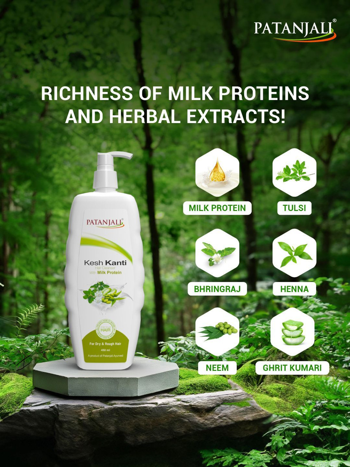 Image of PATANJALI Kesh Kanti Milk Protien Hair Cleanser Shampoo, Prevents Dryness - 450Ml X 2