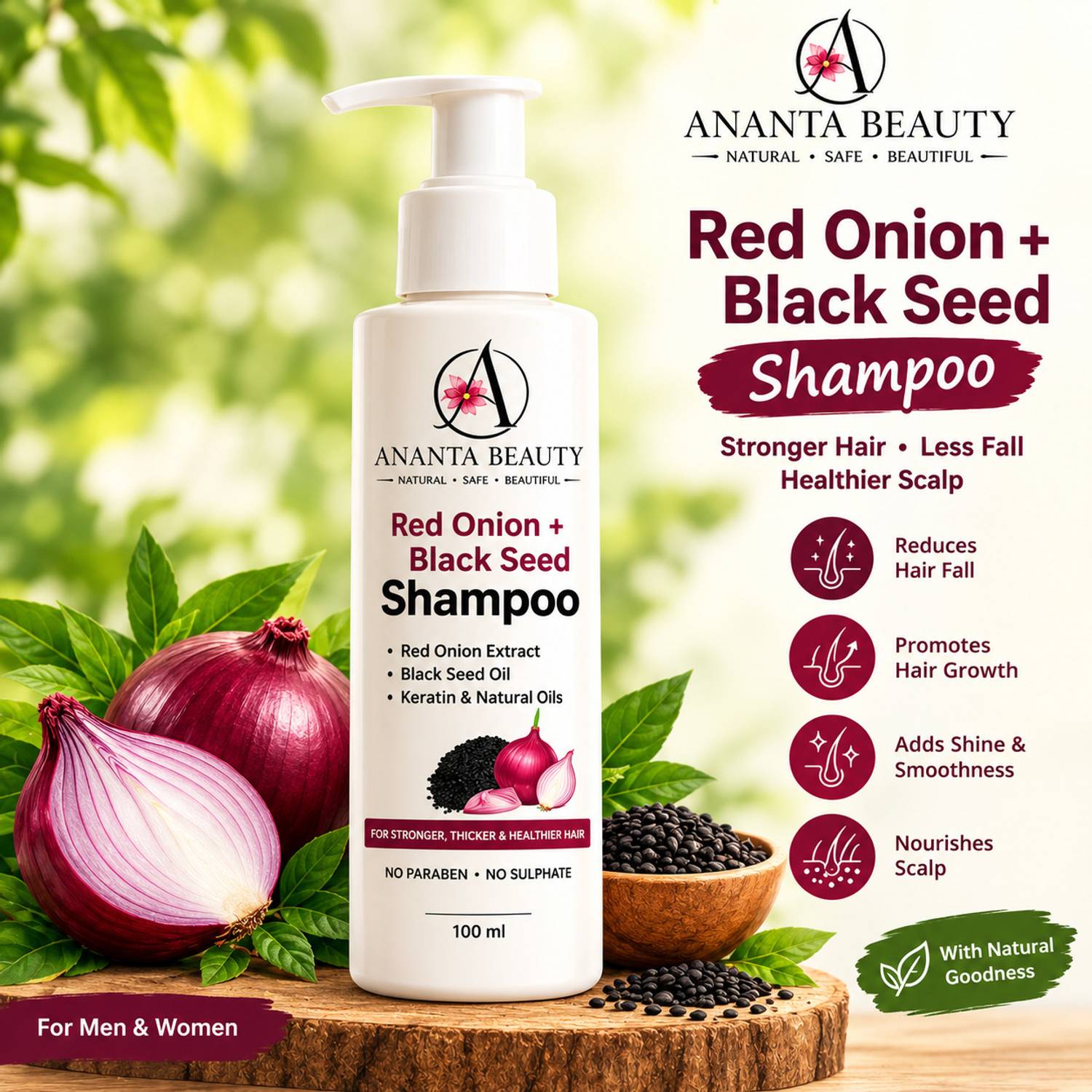 Ananta Beauty Keratin + Red Onion Shampoo with Black Seed Reduces Hair Fall & Breakage