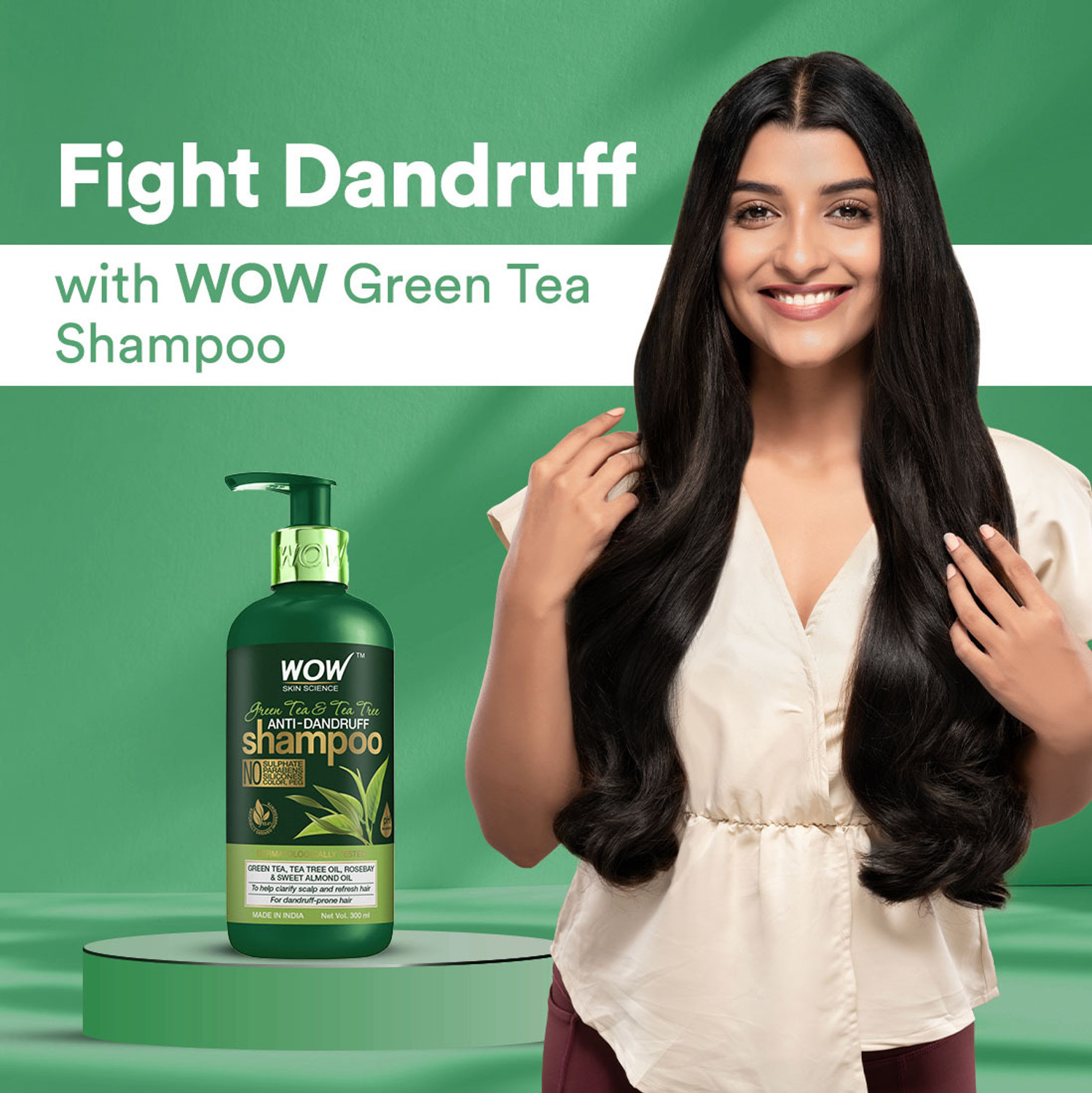 Image of WOW SKIN SCIENCE Green Tea & Tea Tree Anti-Dandruff Shampoo - NO Sulphates, Parabens, Silicones, Color & PEG - 300mL