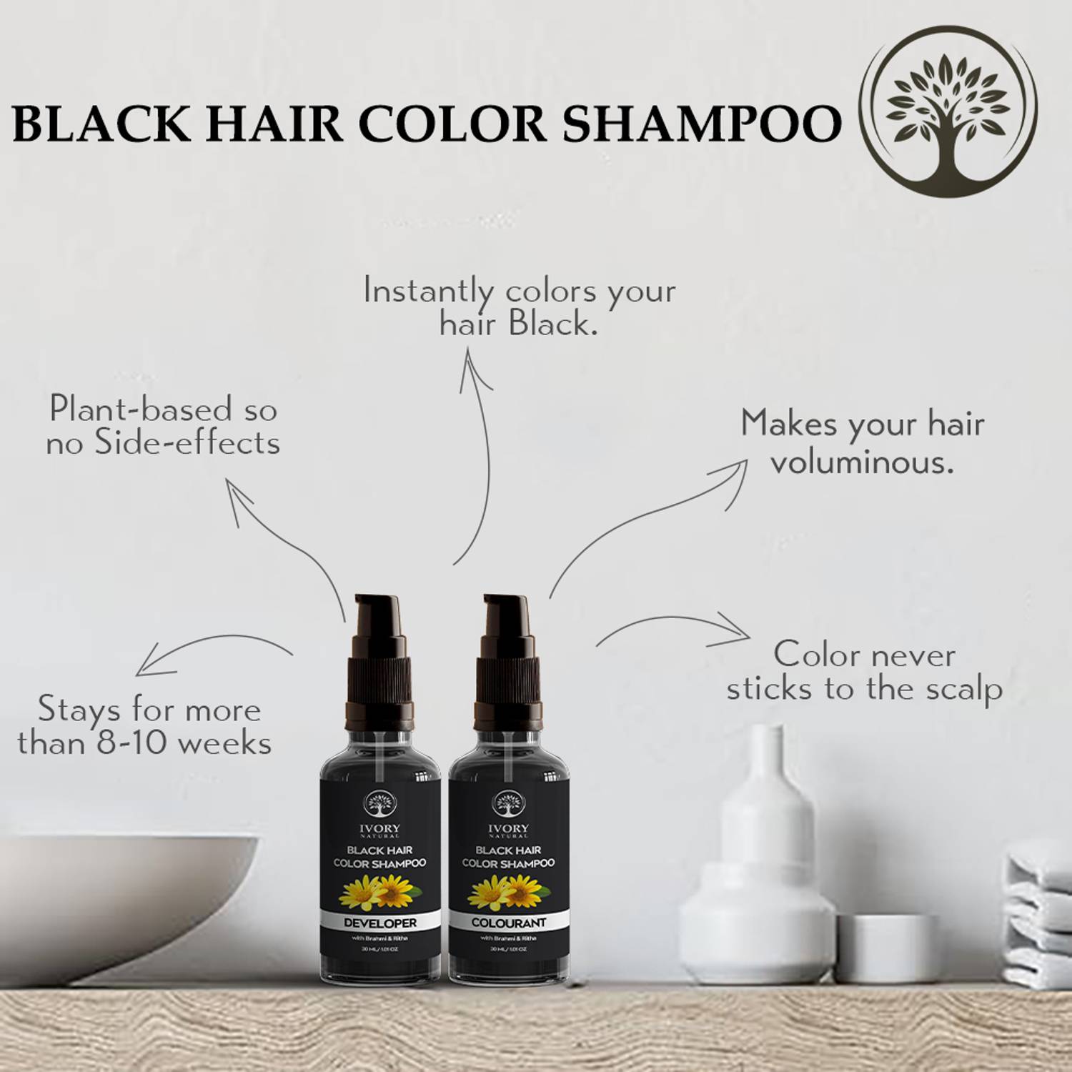 Ivory Natural Black Natural Hair Color Shampoo (30 ml + 30 ml