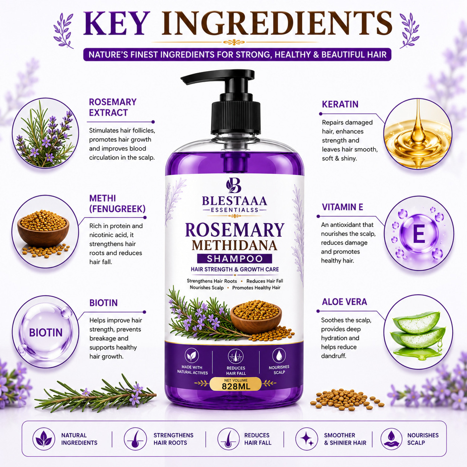 Image of blestaaa essentialss Rosemary Hair Fall Shampoo | Healthy Hair Growth & Scalp Nourishment Care