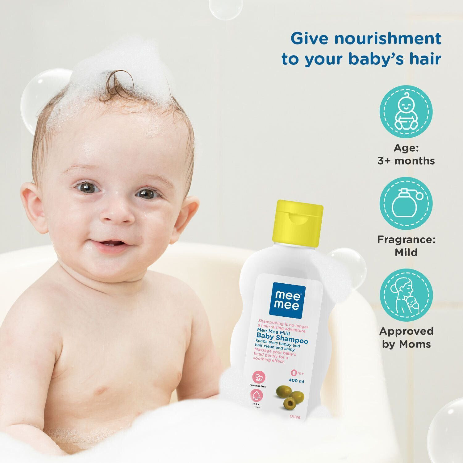 Image of MeeMee Baby Shampoo Olive Extracts, Dermatologist Tested, Hypoallergenic, Tear Free
