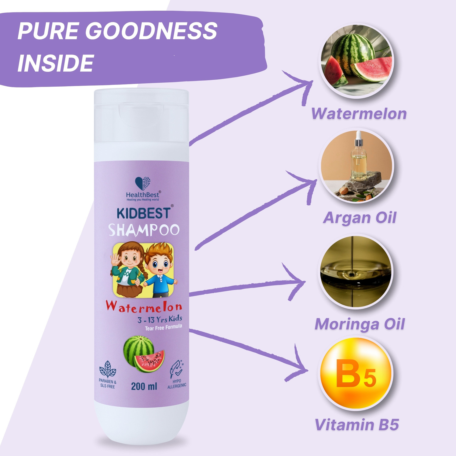 Image of HealthBest Hair Shampoo for Kids | Dry & Damaged to Normal Hair | Tear, Paraben, SLS free
