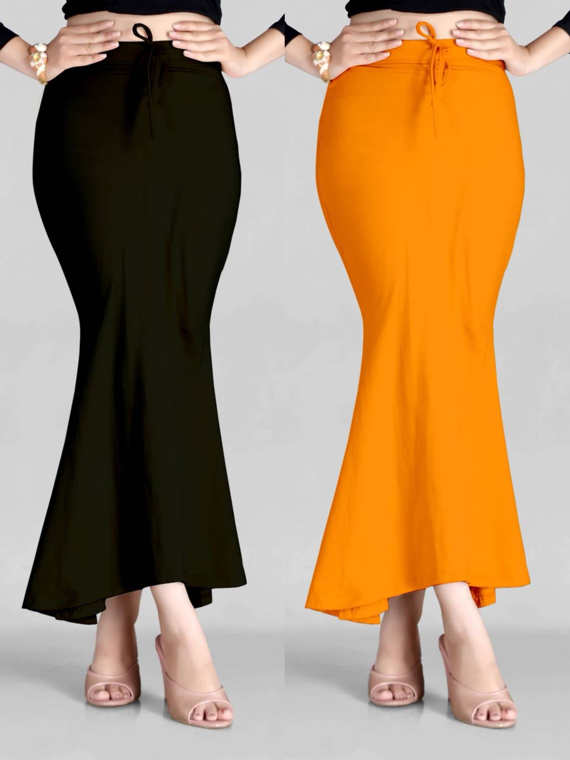 DRESQUE STORE Fishcut Saree shapewear Combo Mustard & Black Lycra Blend Petticoat