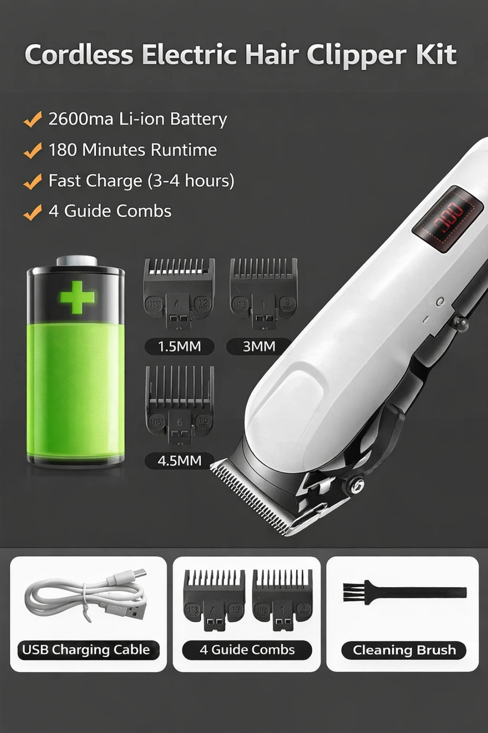 Image of CLINLINSO 809 Salon Series Professional Digital Display Cordless Hair Clipper Electric Fully Waterproof Trimmer 240 min Runtime 5 Length Settings (White, Black)