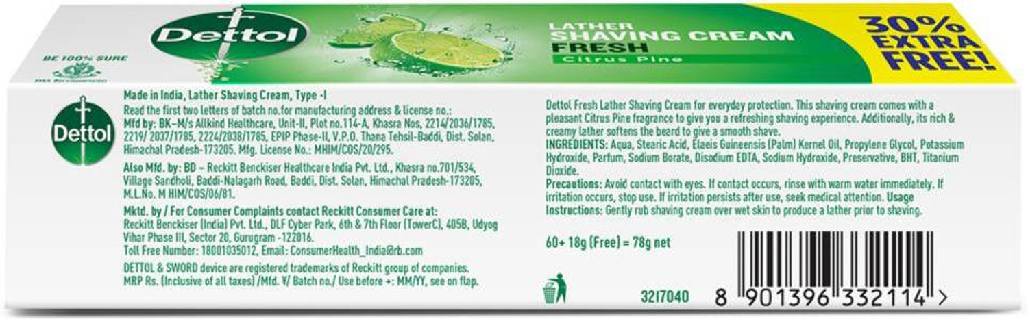 Image of Dettol Fresh Lather Shaving Cream for Men, Citrus Pine, Smooth Shave, Moisturize Skin