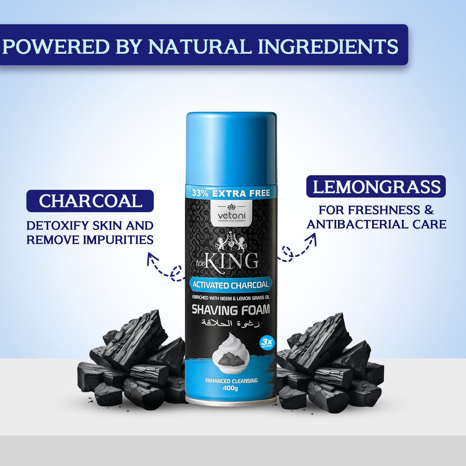 Image of VETONI ICE KING Charcoal Shaving Foam for Men 400ml | Deep Clean & Refreshing
