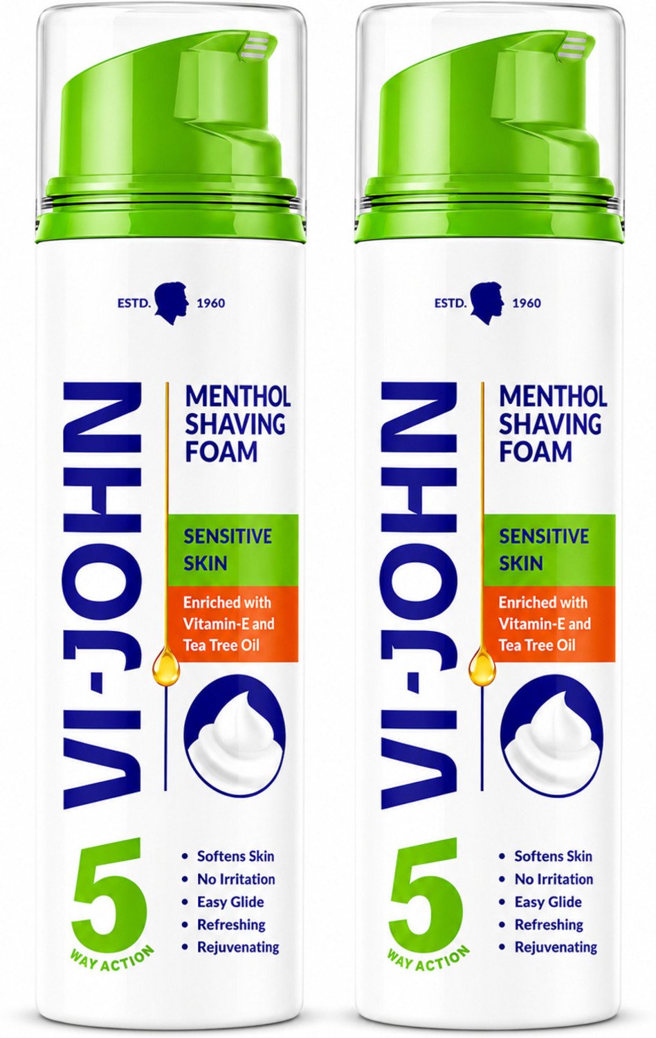 Image of VI-JOHN Classic Menthol Shave Foam for Sensitive Skin with Tea Tree Oil (200 GM EACH) (PACK OF 2)