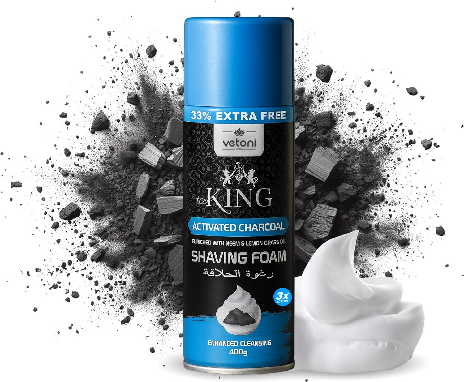 Image of VETONI ICE KING Charcoal Shaving Foam for Men 400ml | Deep Clean & Refreshing