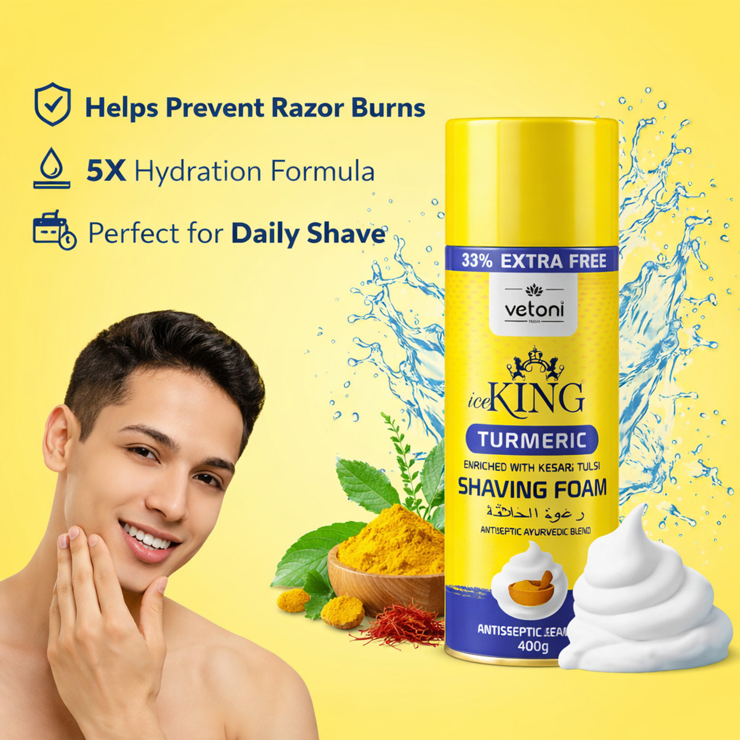 Image of VETONI Ice King No.1 Turmeric Shaving Foam for Men Smooth & Natural Grooming Pack of 2 (800 g)