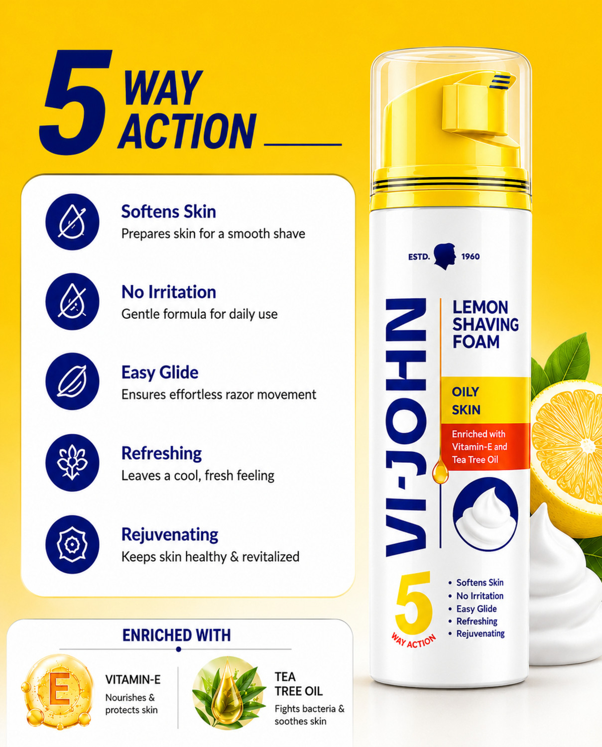 Image of VI-JOHN Classic Lemon Shave Foam for Oily Skin with Tea Tree Oil (200 GM EACH) (PACK OF 2)