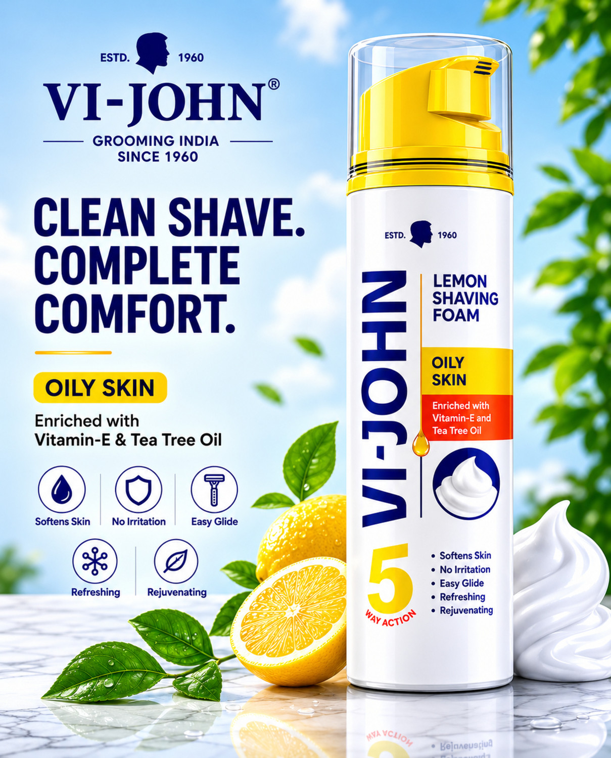 Image of VI-JOHN Classic Lemon Shave Foam for Oily Skin with Tea Tree Oil (200 GM EACH) (PACK OF 2)