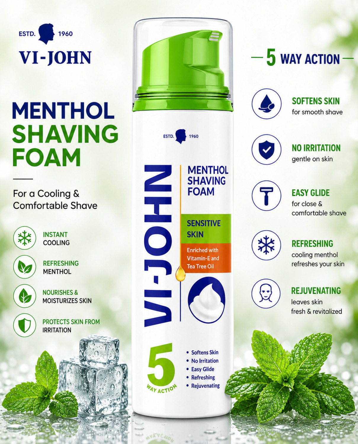 Image of VI-JOHN Classic Menthol Shave Foam for Sensitive Skin with Tea Tree Oil (200 GM EACH) (PACK OF 2)