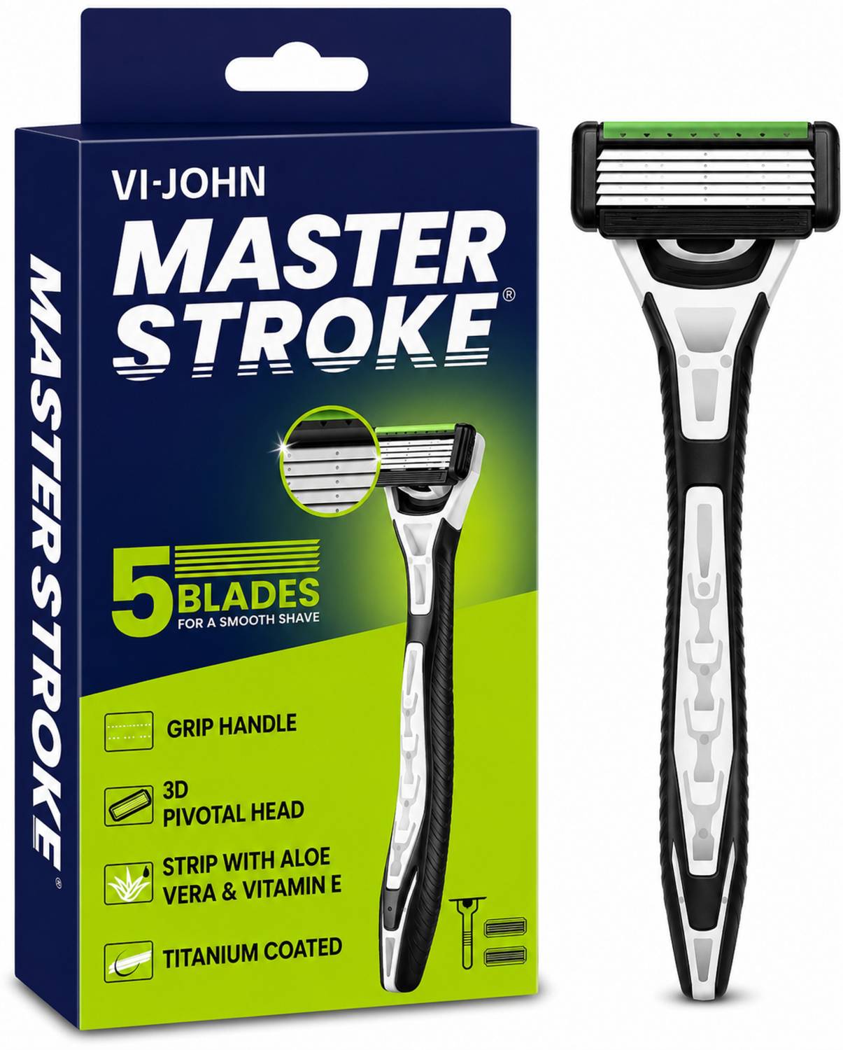 VI-JOHN Master Stroke Ultra Pro 5 Blade Shaving Razor for men (1 Handle + 2 Cartridges), Men