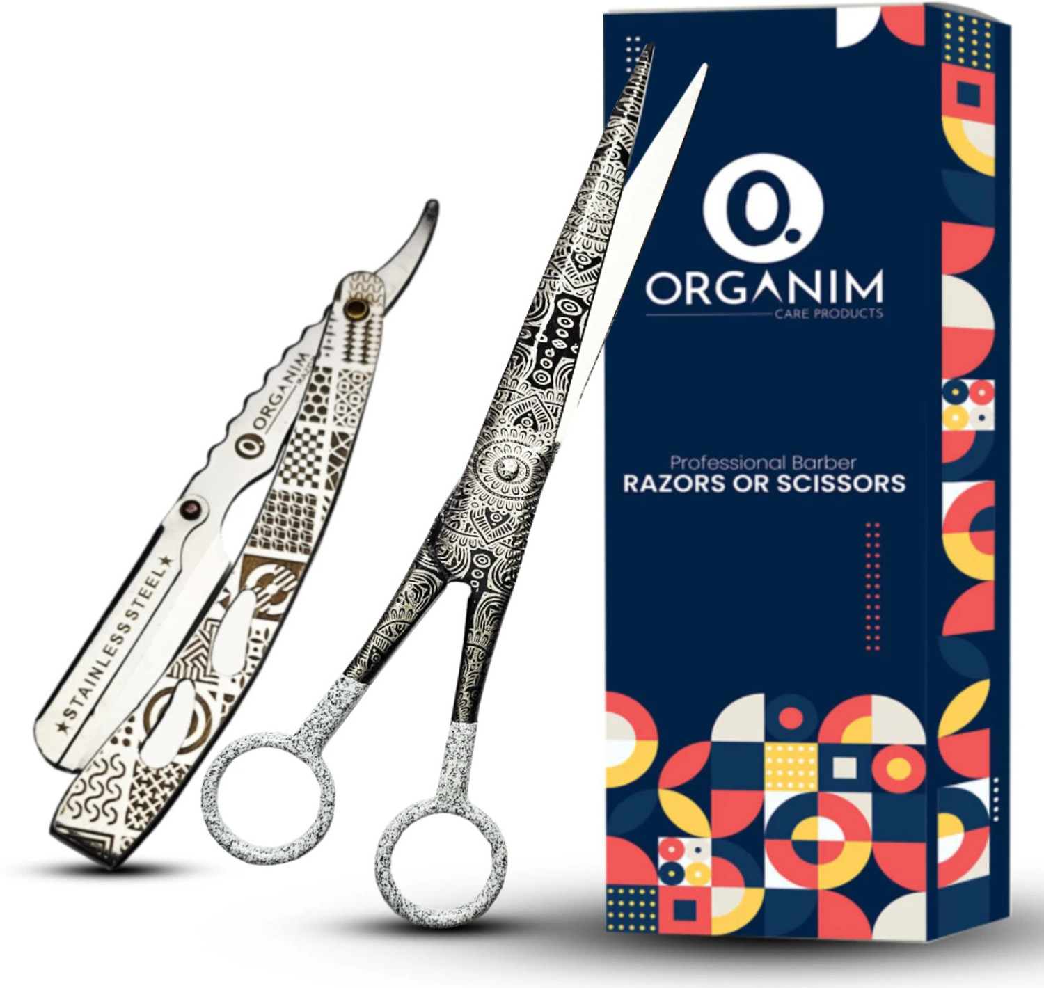 Image of Organim care products Barber Combo: Stainless Steel Folding Razor & 7-Inch Hair Cutting Scissor Set, Men & Women